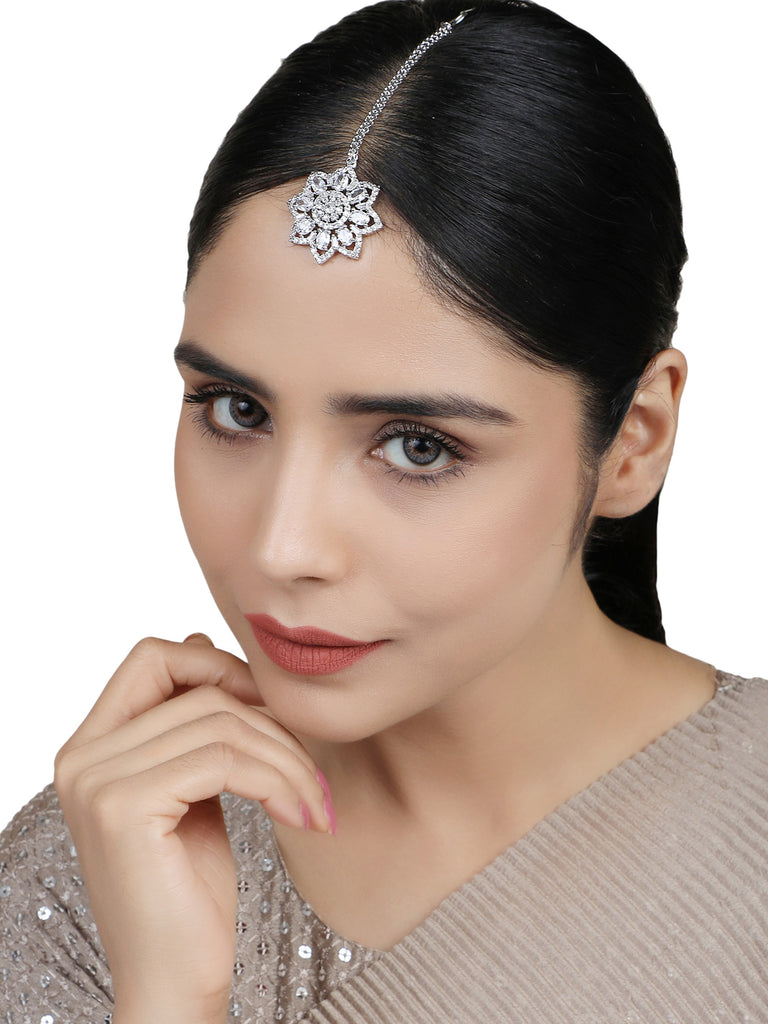 Women's Silver-Plated White Ad-Studded Hand Crafted Maangtikka