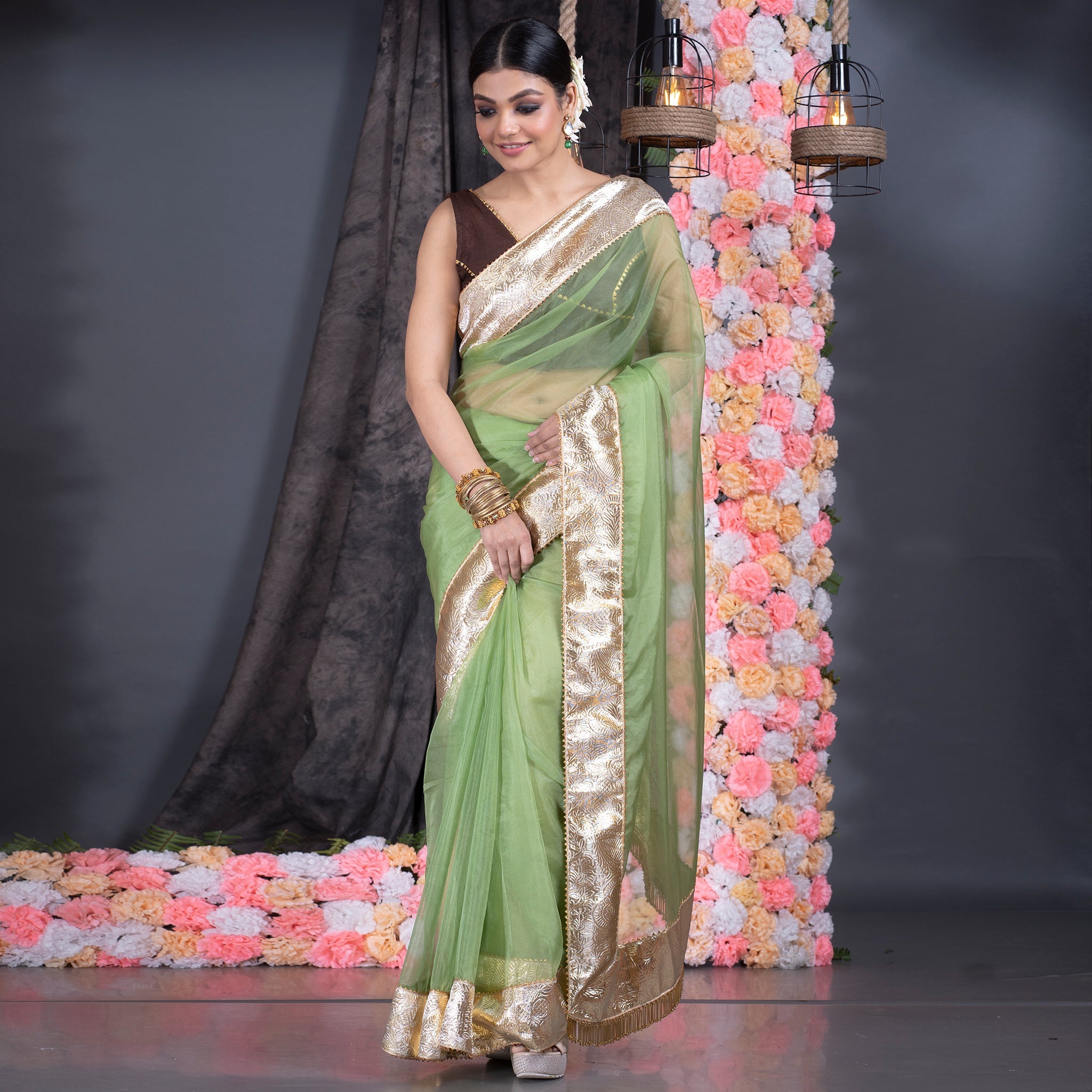 Women's Green Organza Saree With Gold Gota Border And Fringe Lace - Boveee
