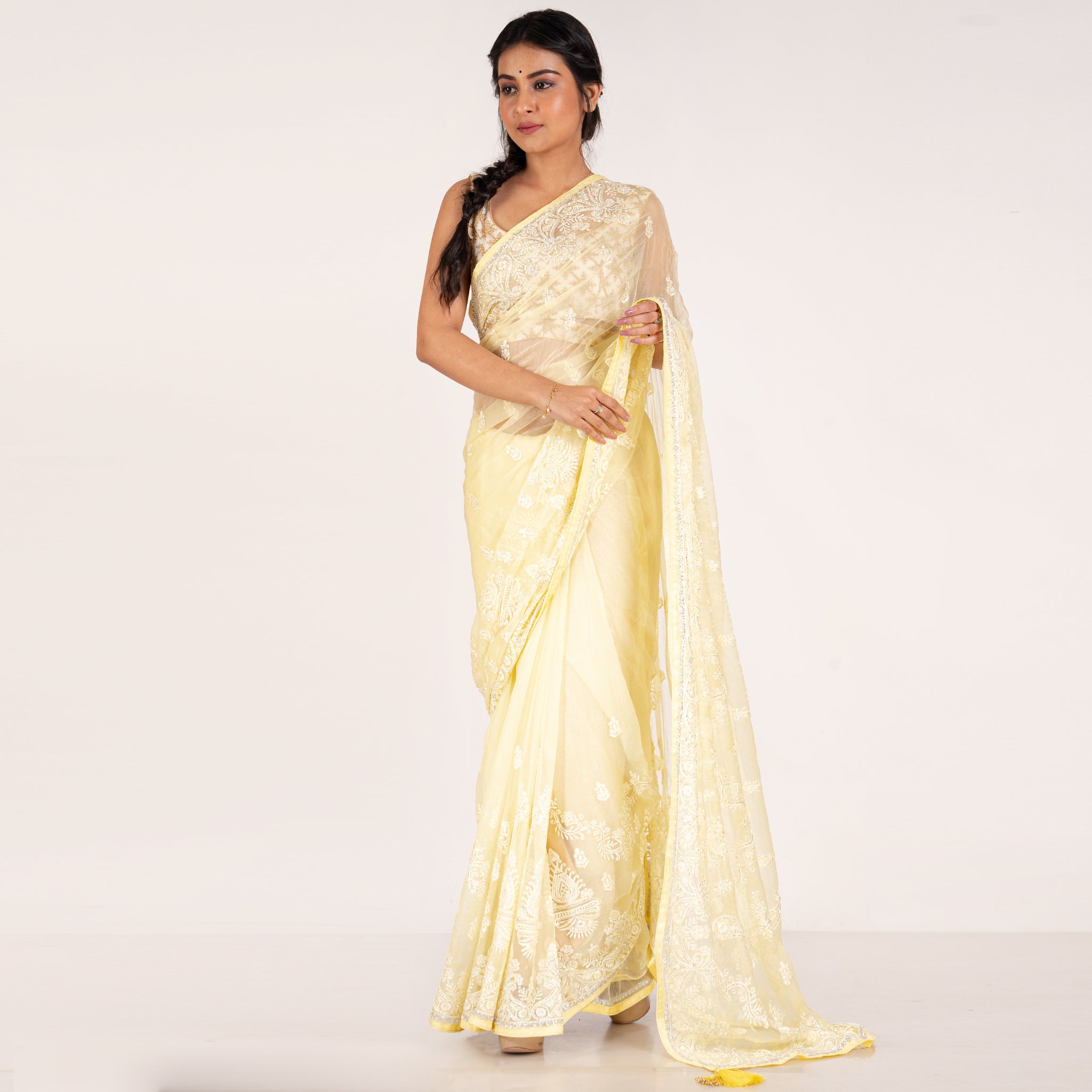 Women's Lime Yellow Pure Chiffon Fully Embroidered Saree With Crystalisation - Boveee