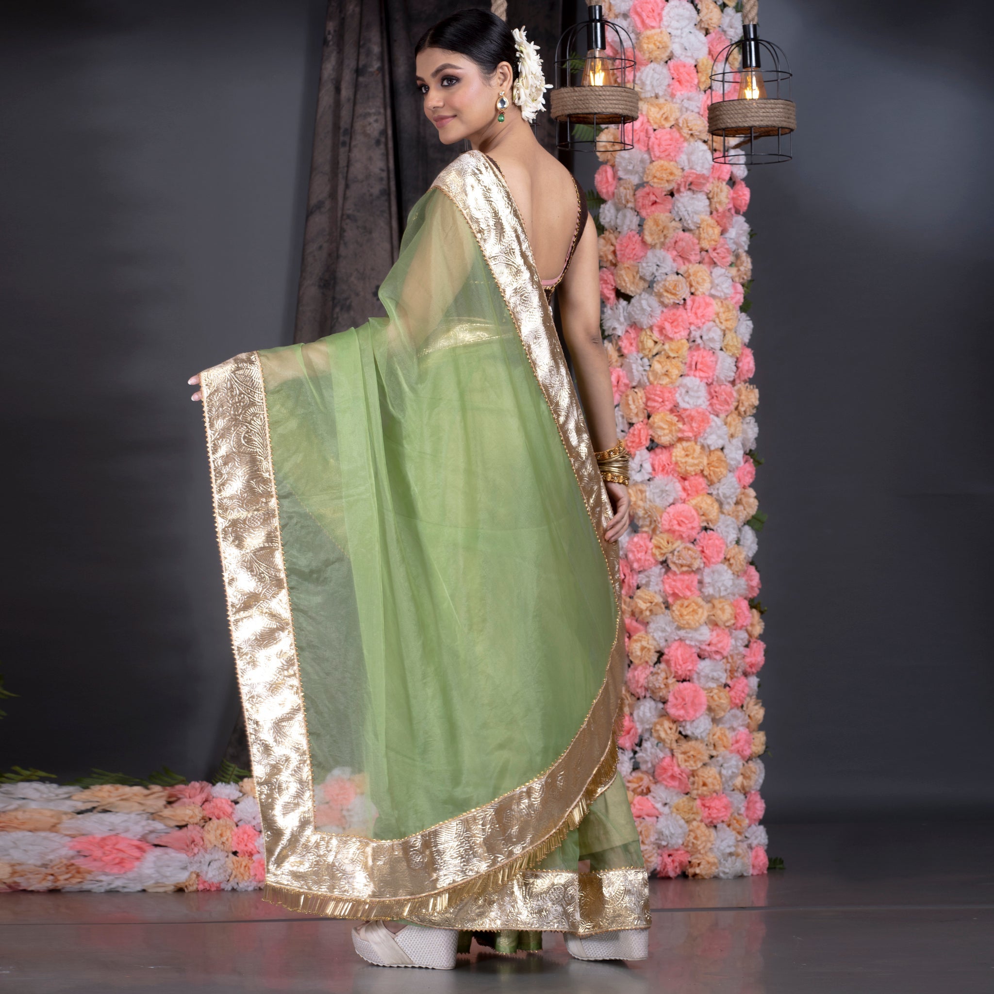 Women's Green Organza Saree With Gold Gota Border And Fringe Lace - Boveee