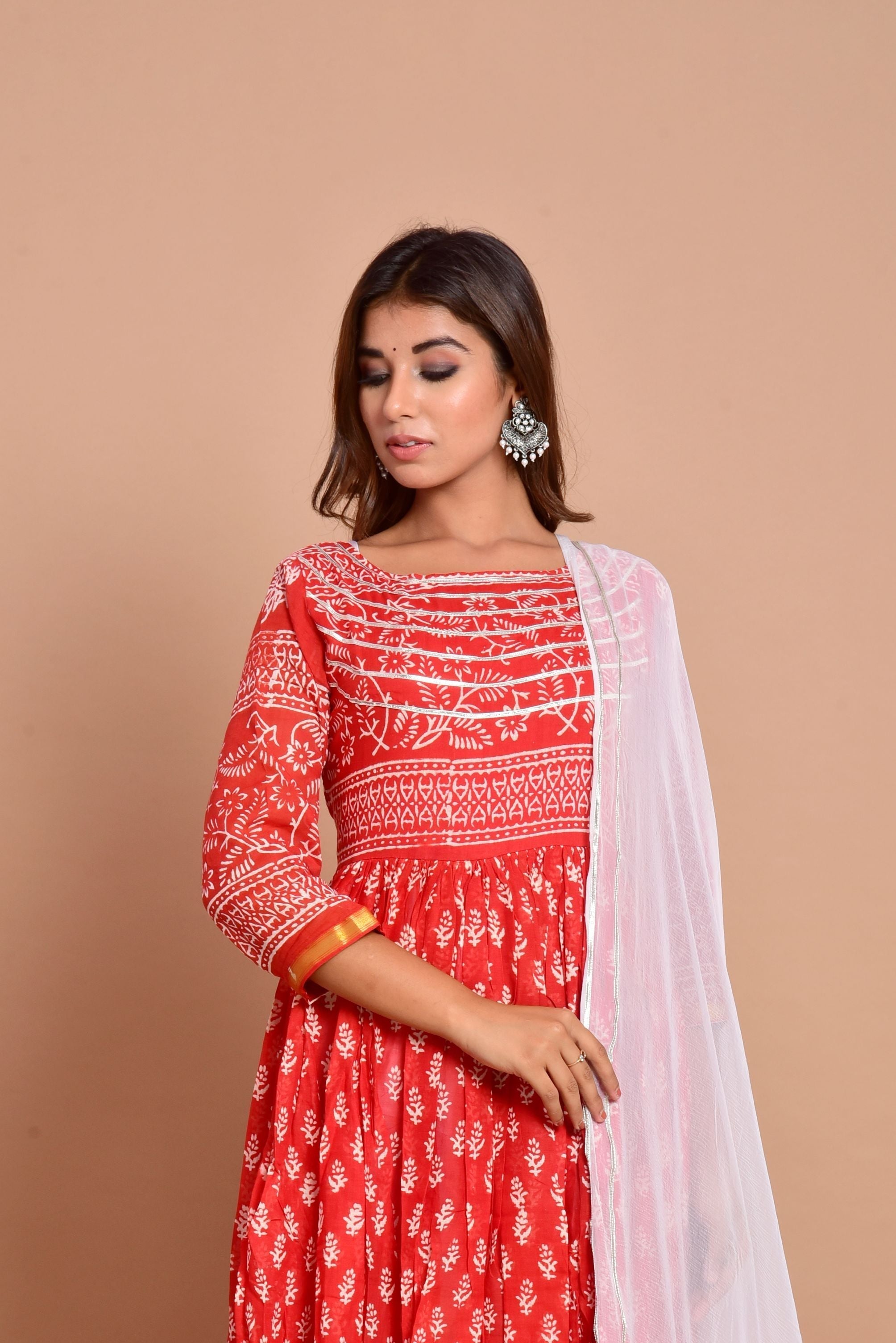 Women's Red Anarkali Dress With Dupatta - Saras The Label