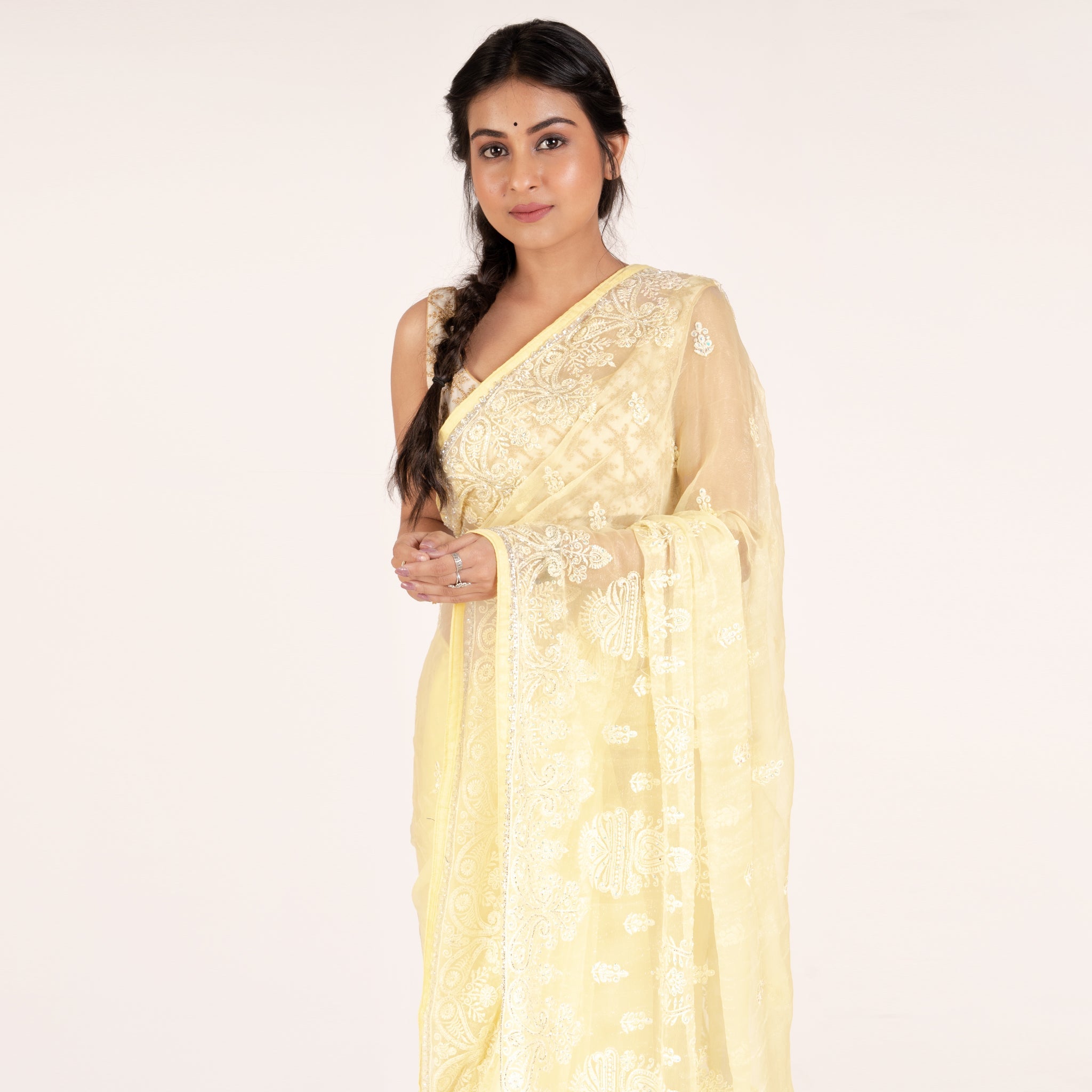 Women's Lime Yellow Pure Chiffon Fully Embroidered Saree With Crystalisation - Boveee