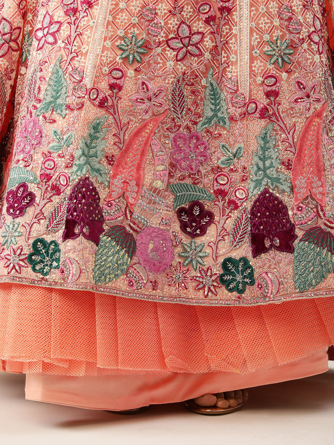 Women's Peach Net Lakhnavi Multi Colour Thread, Embroidered Lehenga & Blouse, Dupatta - Royal Dwells