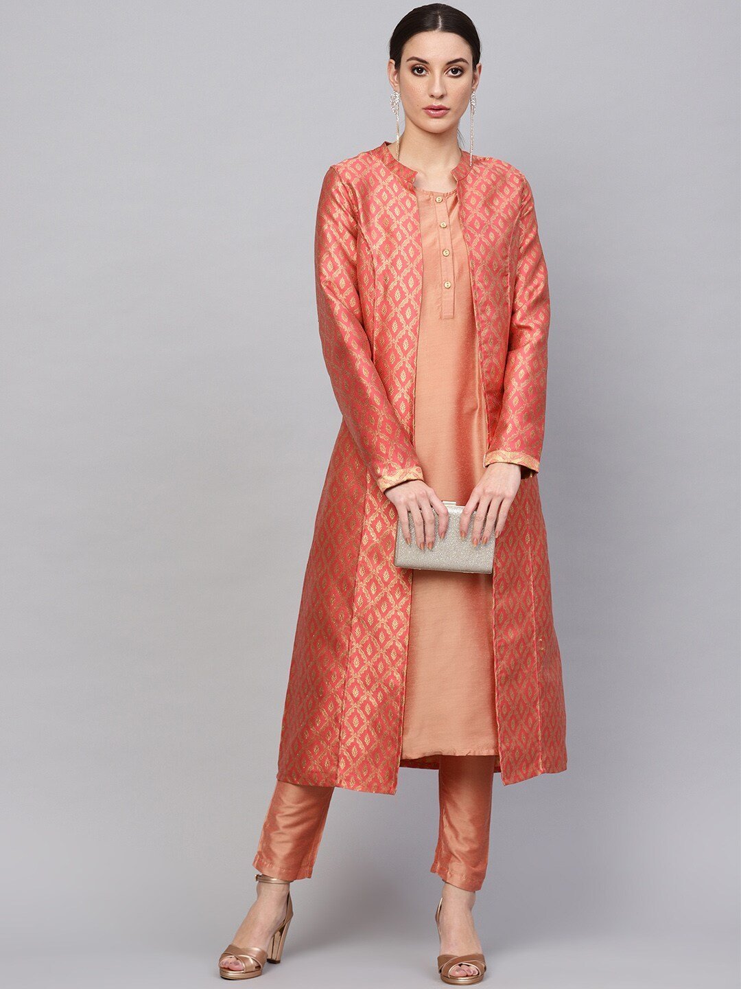 Women's  Pink & Golden Self Design Reversible Longline Open Front Jacket - AKS