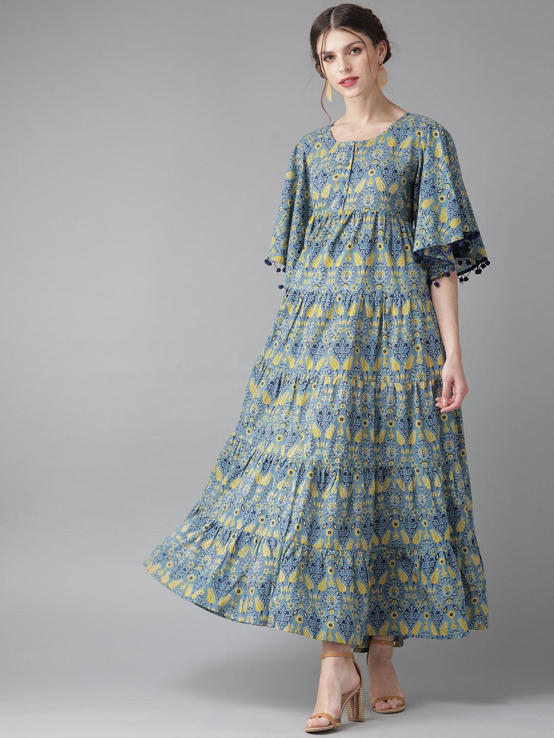 Women's  Blue & Yellow Printed Tiered Maxi Dress - AKS