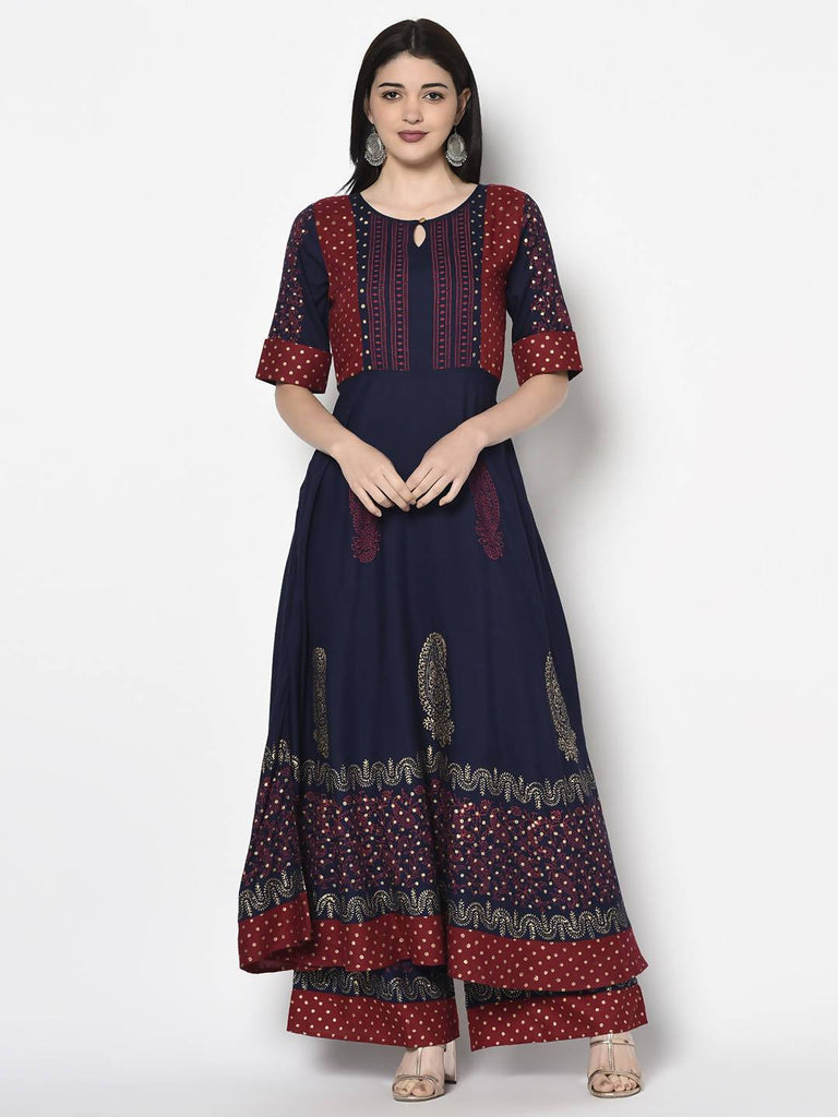 Women's Navy Blue Rayon Block print Anarkali kurta