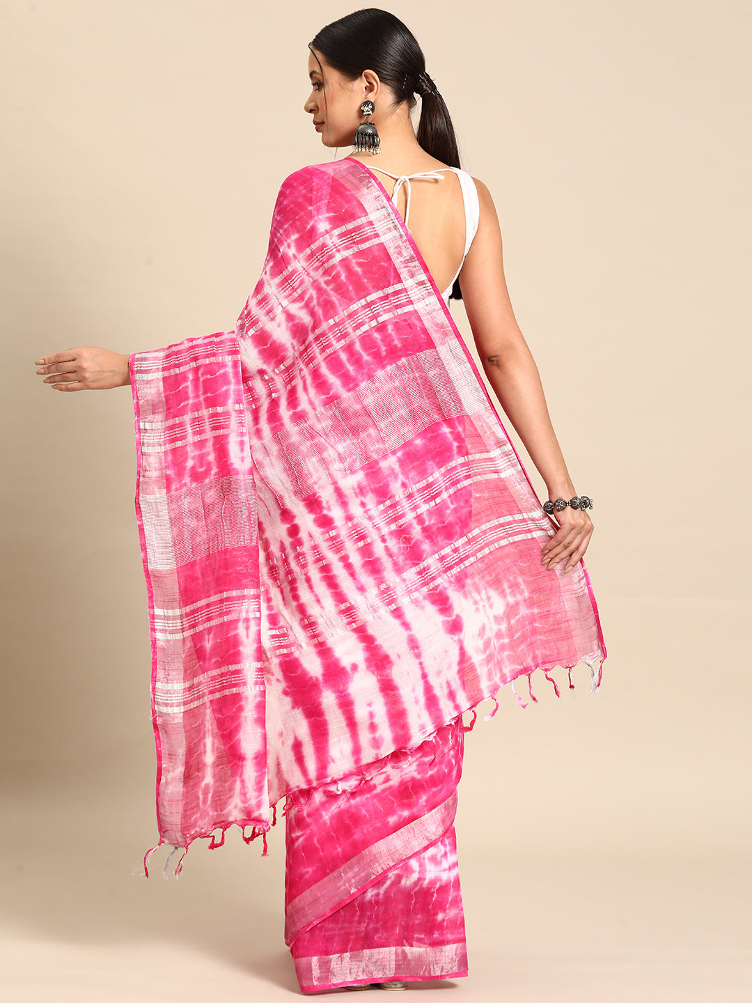 Women's Pink Tie & Dyed Cotton Linen Sarees With Unstitched Blouse - Yufta