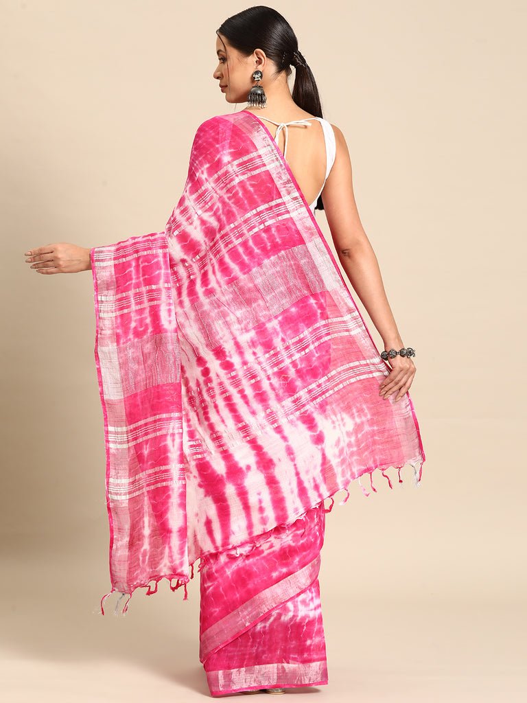 Women's Pink Tie & Dyed Cotton Linen Sarees With Unstitched Blouse