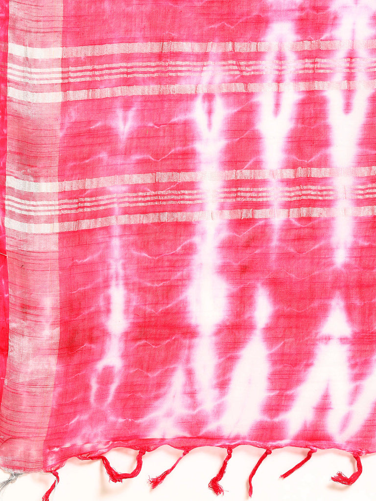 Women's Pink Tie & Dyed Cotton Linen Sarees With Unstitched Blouse