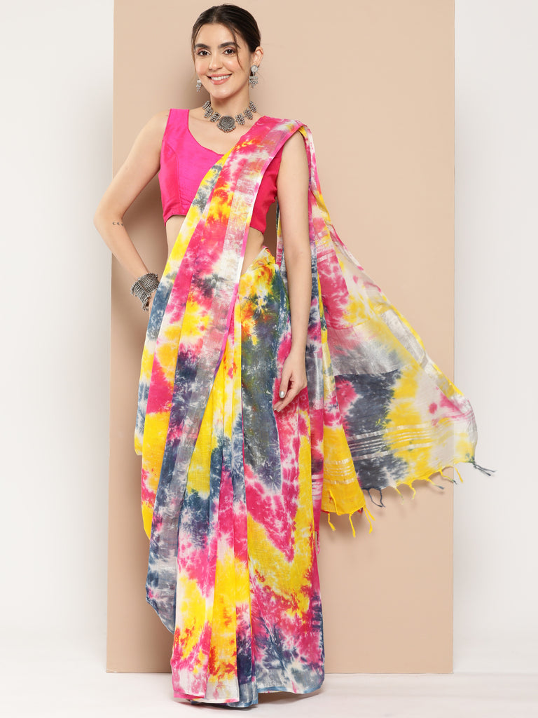 Women's Multicolor Tie & Dyed Cotton Linen Sarees With Unstitched Blouse