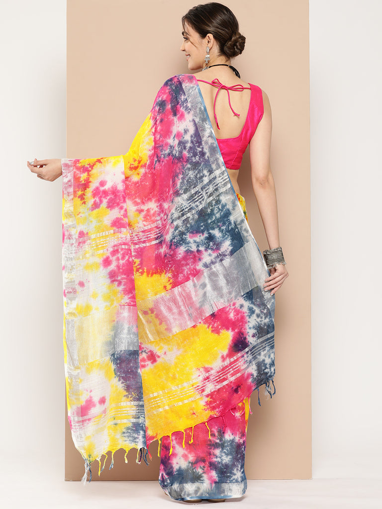 Women's Multicolor Tie & Dyed Cotton Linen Sarees With Unstitched Blouse