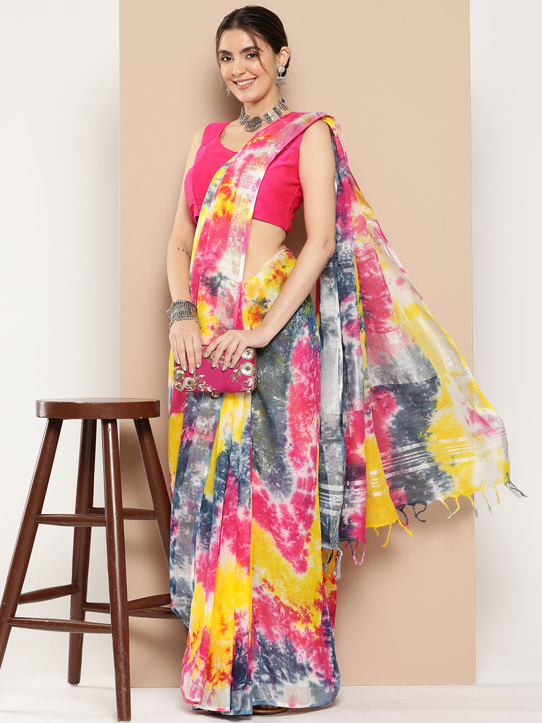 Women's Multicolor Tie & Dyed Cotton Linen Sarees With Unstitched Blouse