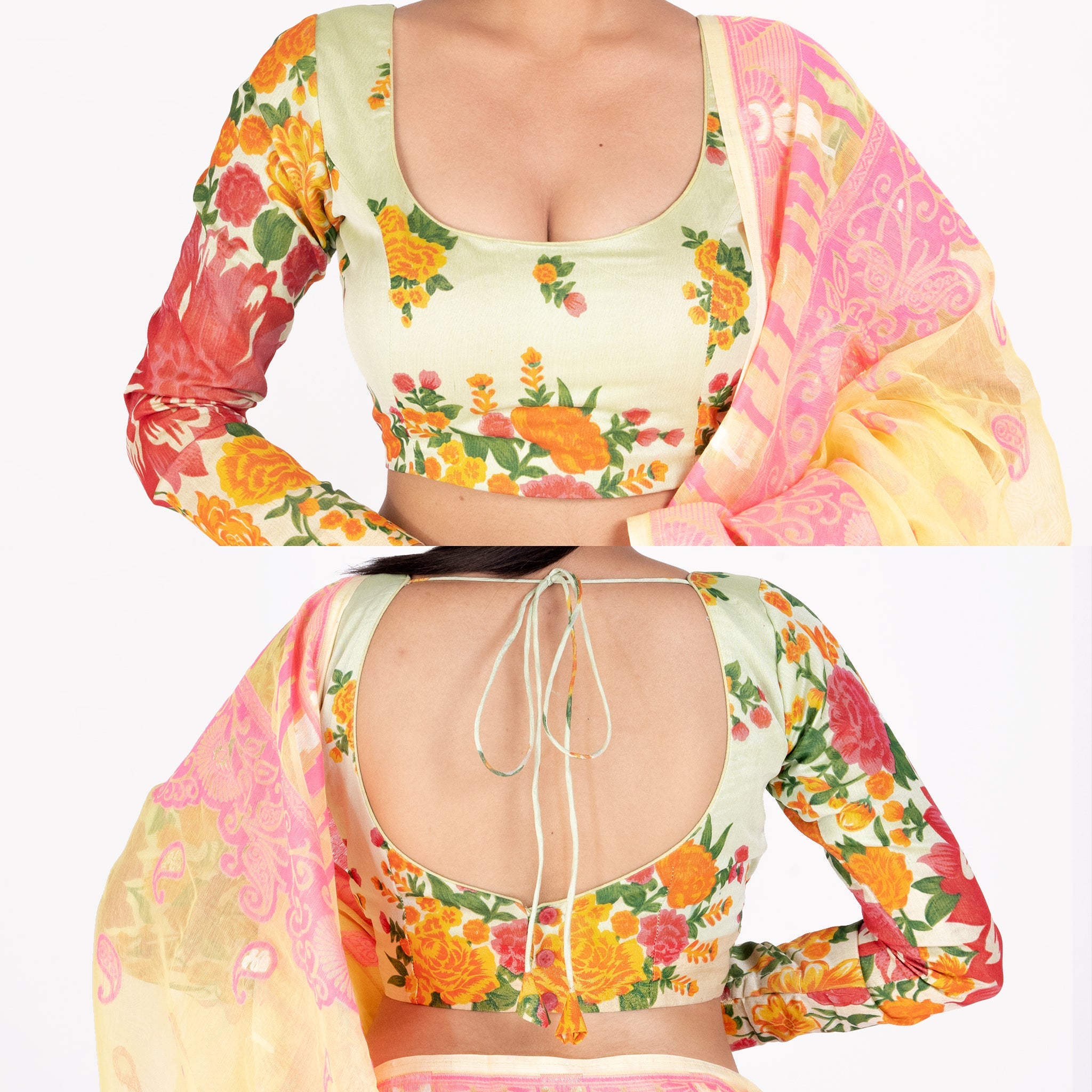 Women's Lemon Printed Cotton Linen Padded Blouse With Full Sleeves - Boveee
