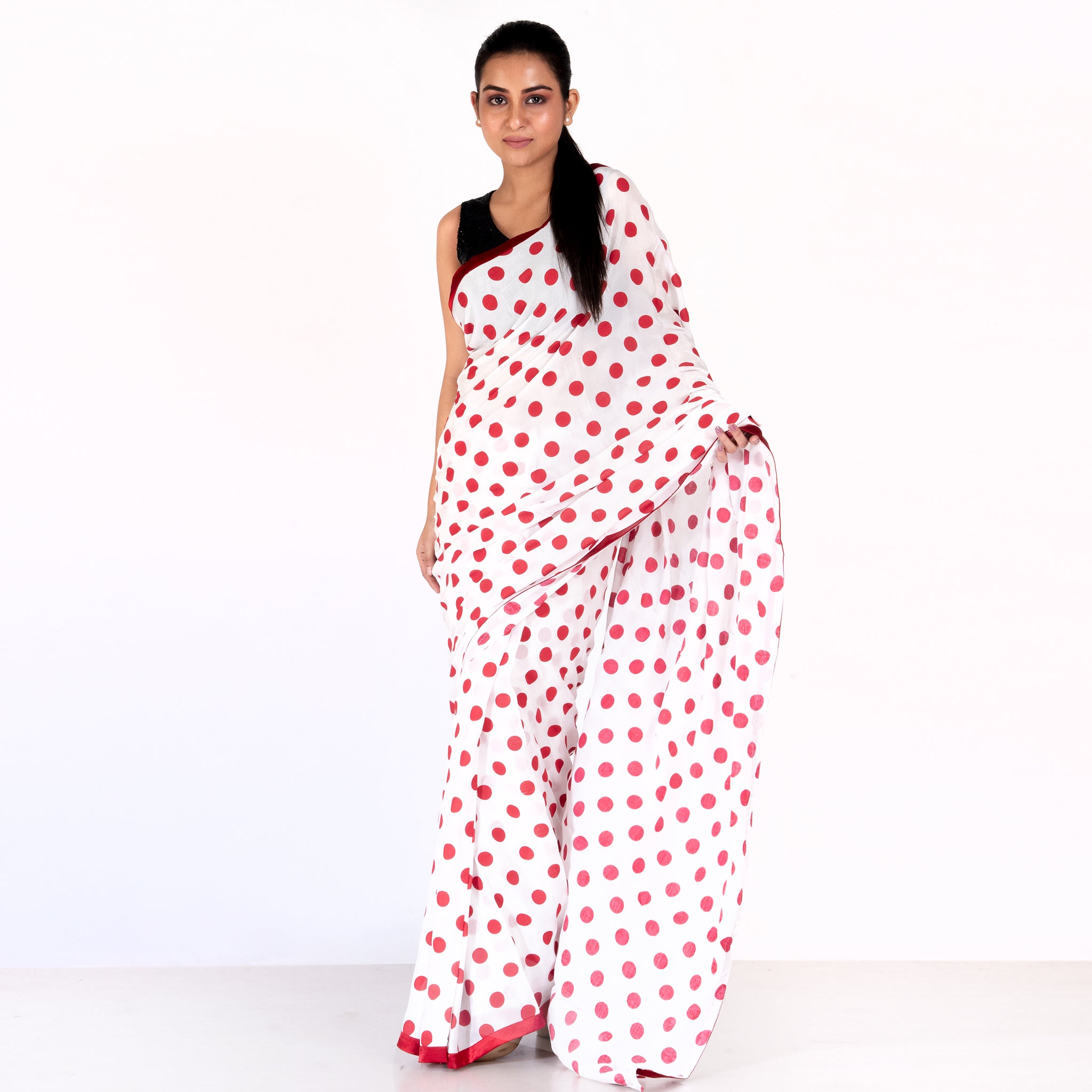 Women's Red Polka Dot Boby Print Chiffon Saree With Red Satin Border - Boveee