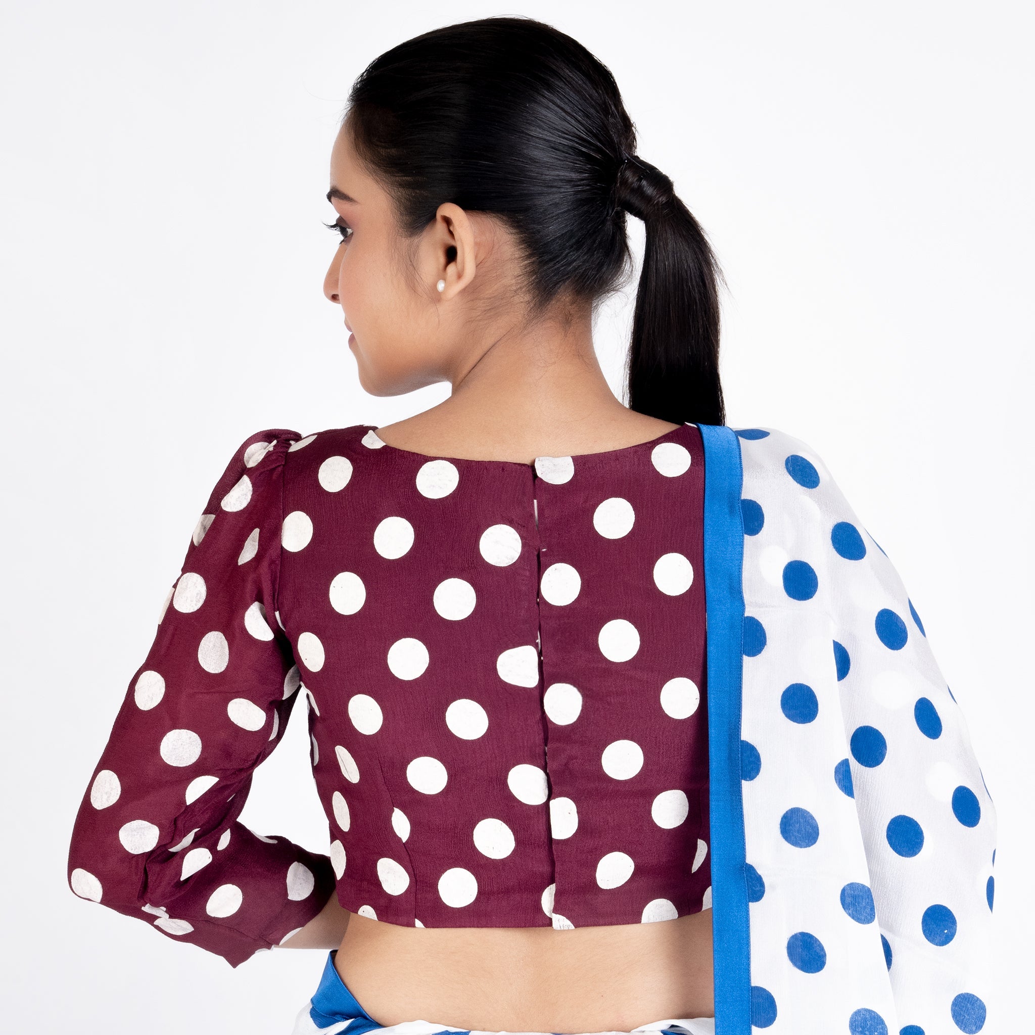 Women's Maroon Polka Dotted Front Side Pleadted Padded Chiffon Blouse - Boveee