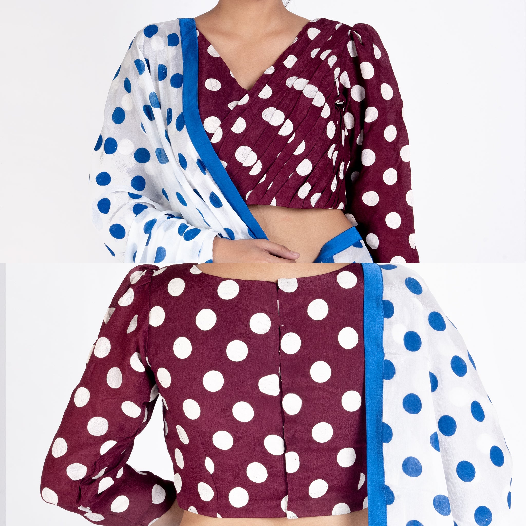 Women's Maroon Polka Dotted Front Side Pleadted Padded Chiffon Blouse - Boveee