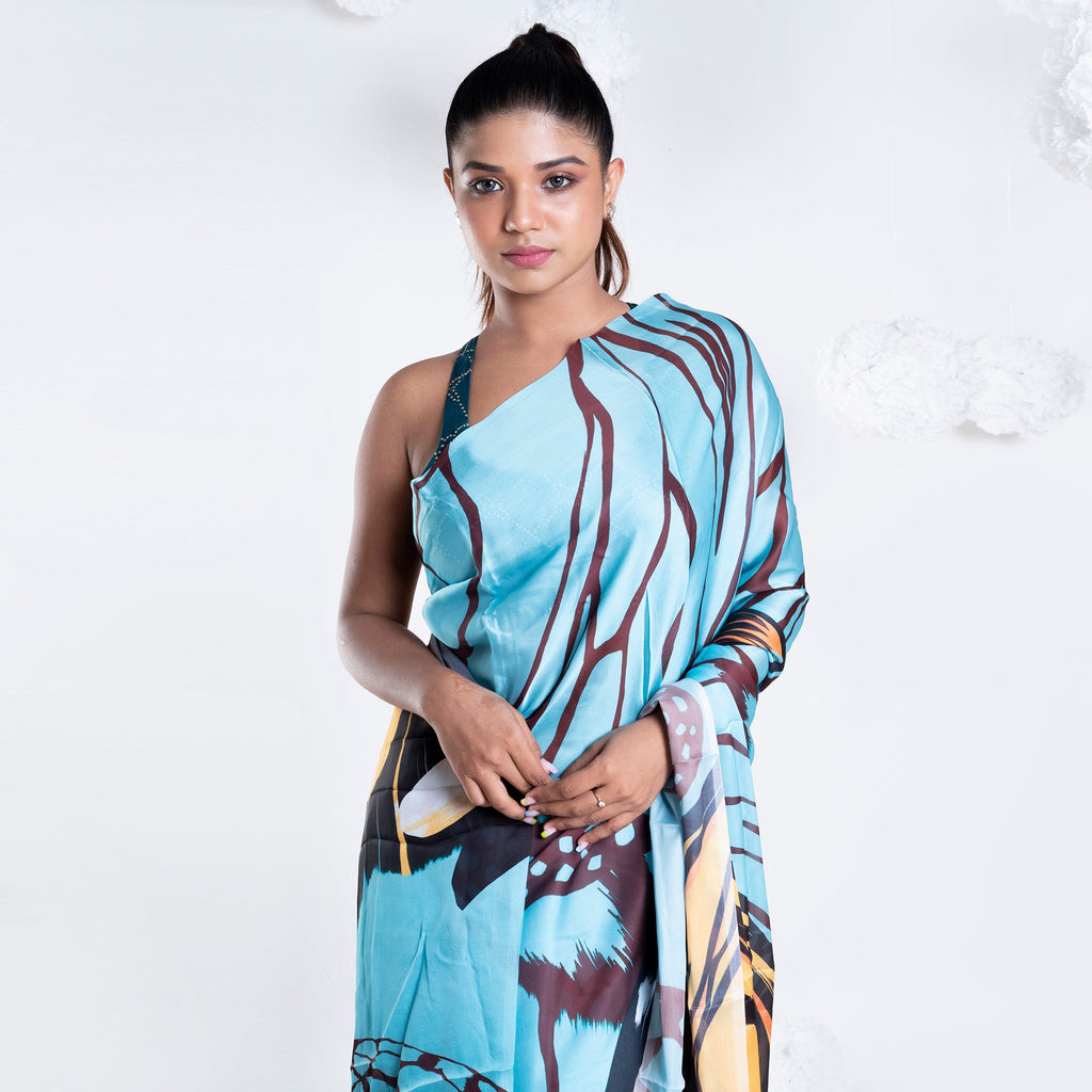 Women's Sylvie Satin Georgette Digital Printed  Saree In Blue Color