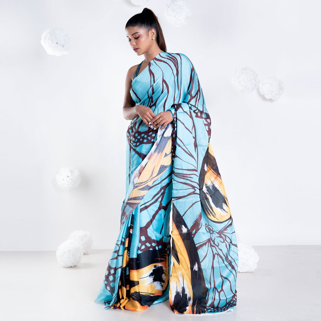 Women's Sylvie Satin Georgette Digital Printed  Saree In Blue Color