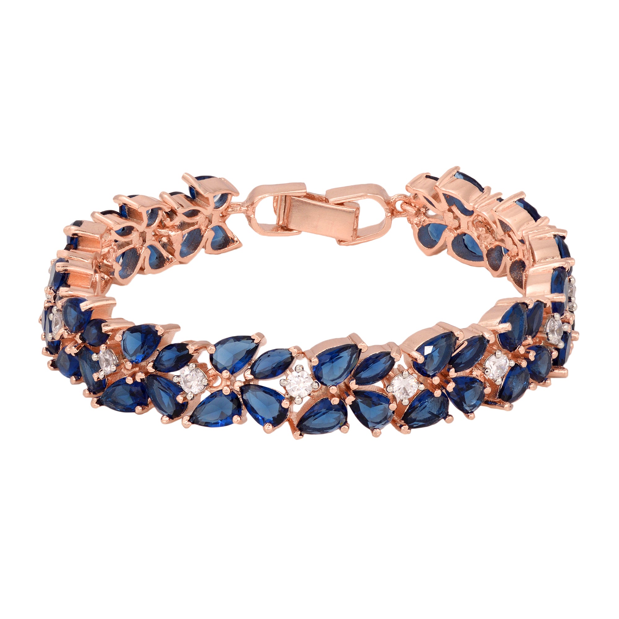 Rose Gold Plated Leaf Design Blue Ad Studded Designer Tennis Bracelet For Women And Girls - Saraf Rs Jewellery