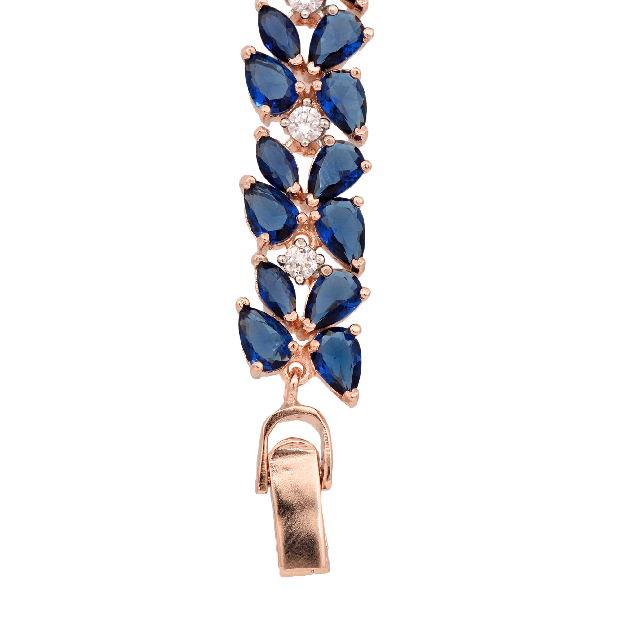 Rose Gold Plated Leaf Design Blue Ad Studded Designer Tennis Bracelet For Women And Girls - Saraf Rs Jewellery