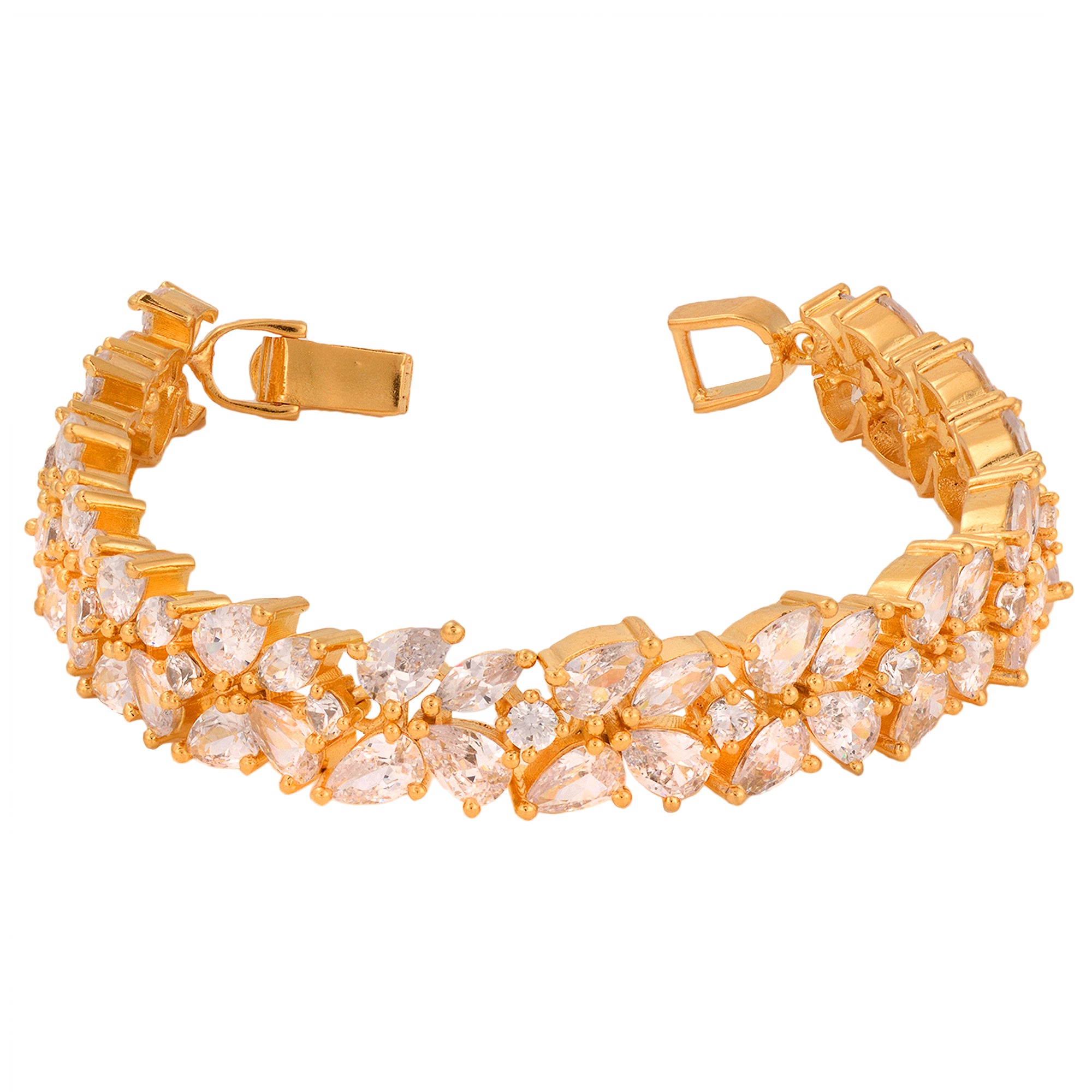 Rose Gold Plated Leaf Design White Ad Studded Designer Tennis Bracelet For Women And Girls - Saraf Rs Jewellery