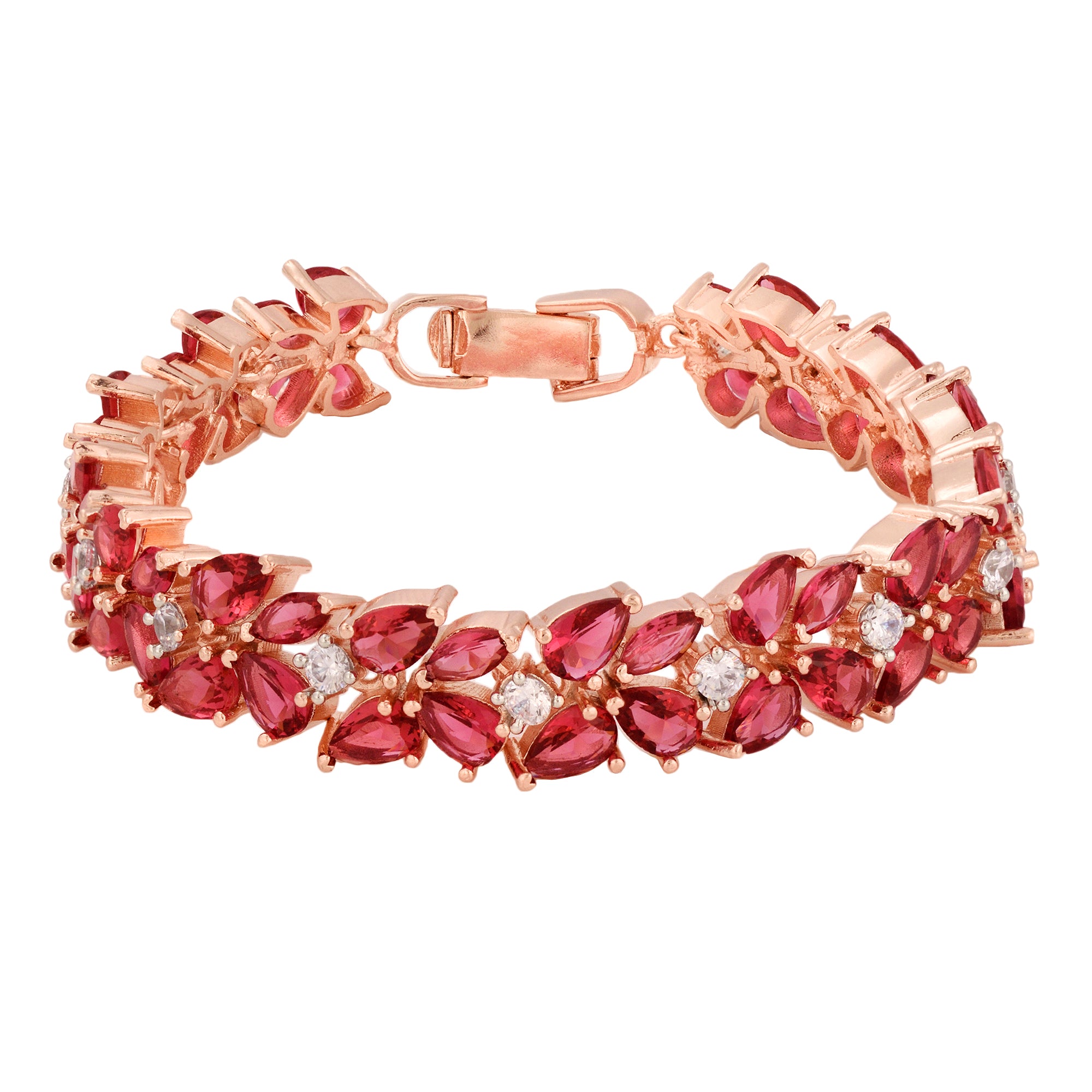 Rose Gold Plated Leaf Design Pink Ruby Studded Designer Tennis Bracelet For Women And Girls - Saraf Rs Jewellery