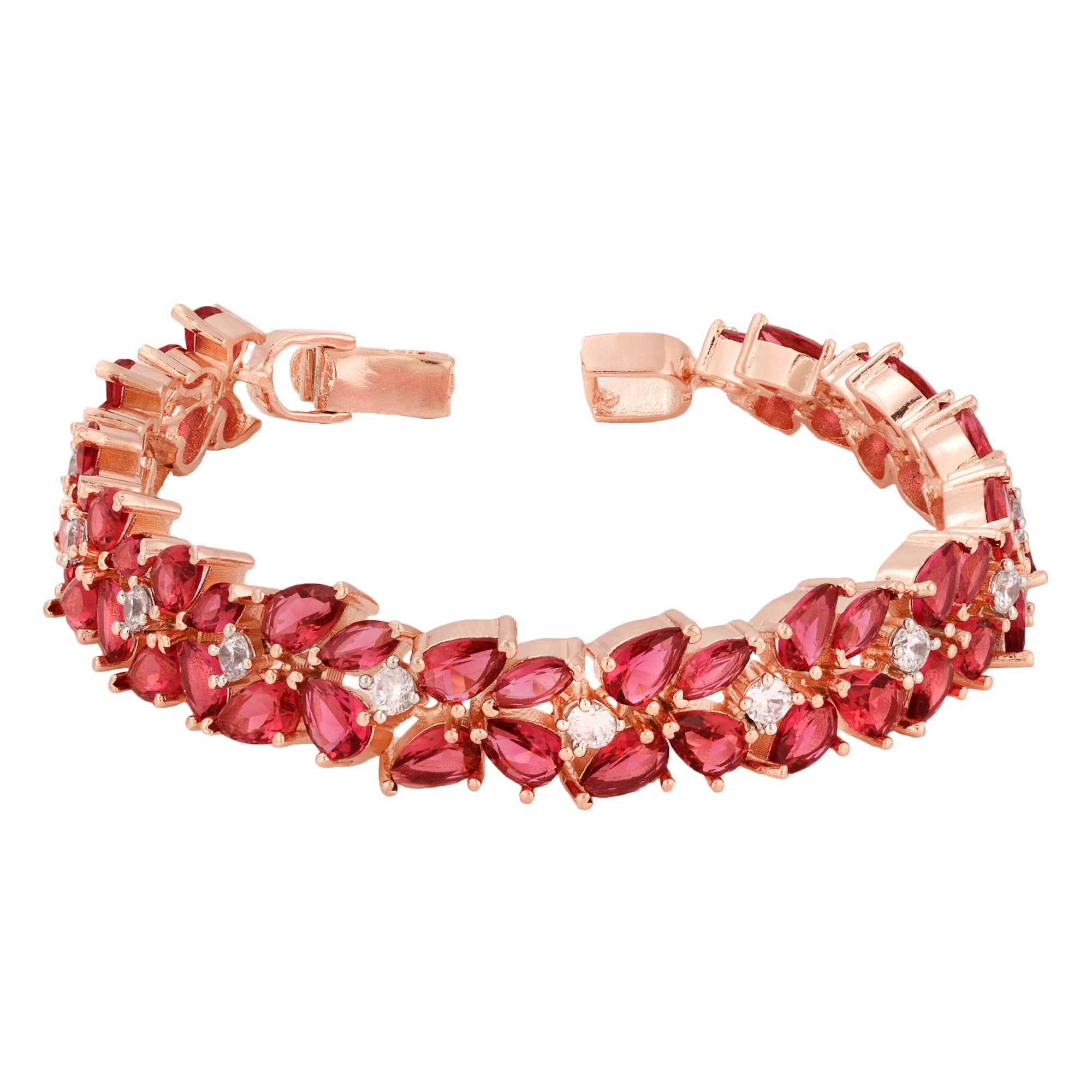 Rose Gold Plated Leaf Design Pink Ruby Studded Designer Tennis Bracelet For Women And Girls - Saraf Rs Jewellery