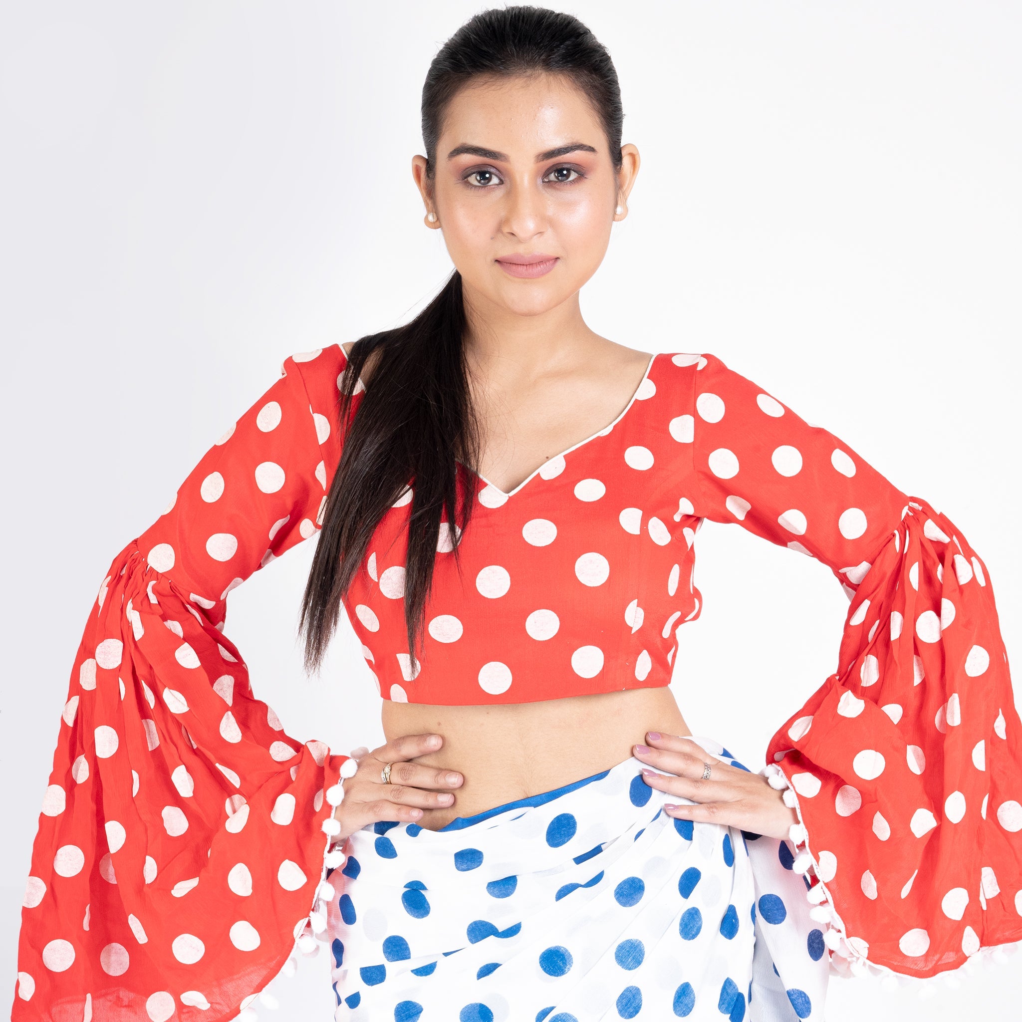 Women's Red Polka Dotted Chiffon Padded Blouse - Boveee