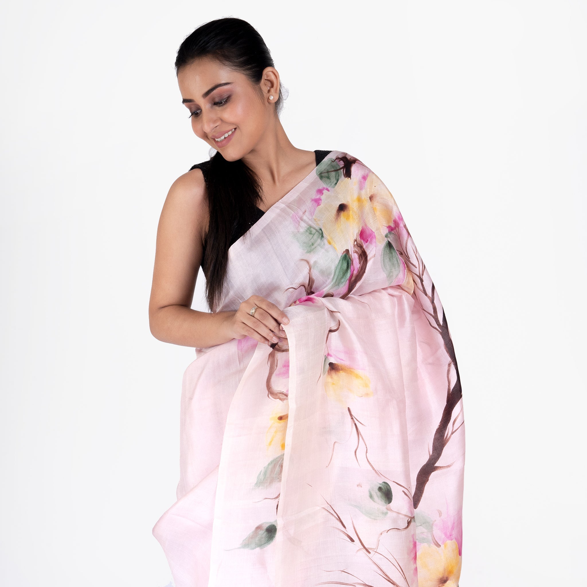 Women's Light Pink Hand Painted Pure Silk Saree With Multicolor Floral Design - Boveee
