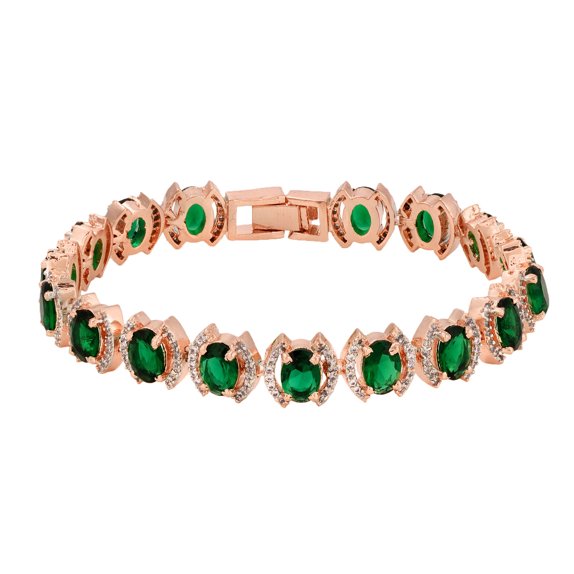 Rose Gold Plated Oval Green Ad Studded Designer Tennis Bracelet For Women And Girls - Saraf Rs Jewellery