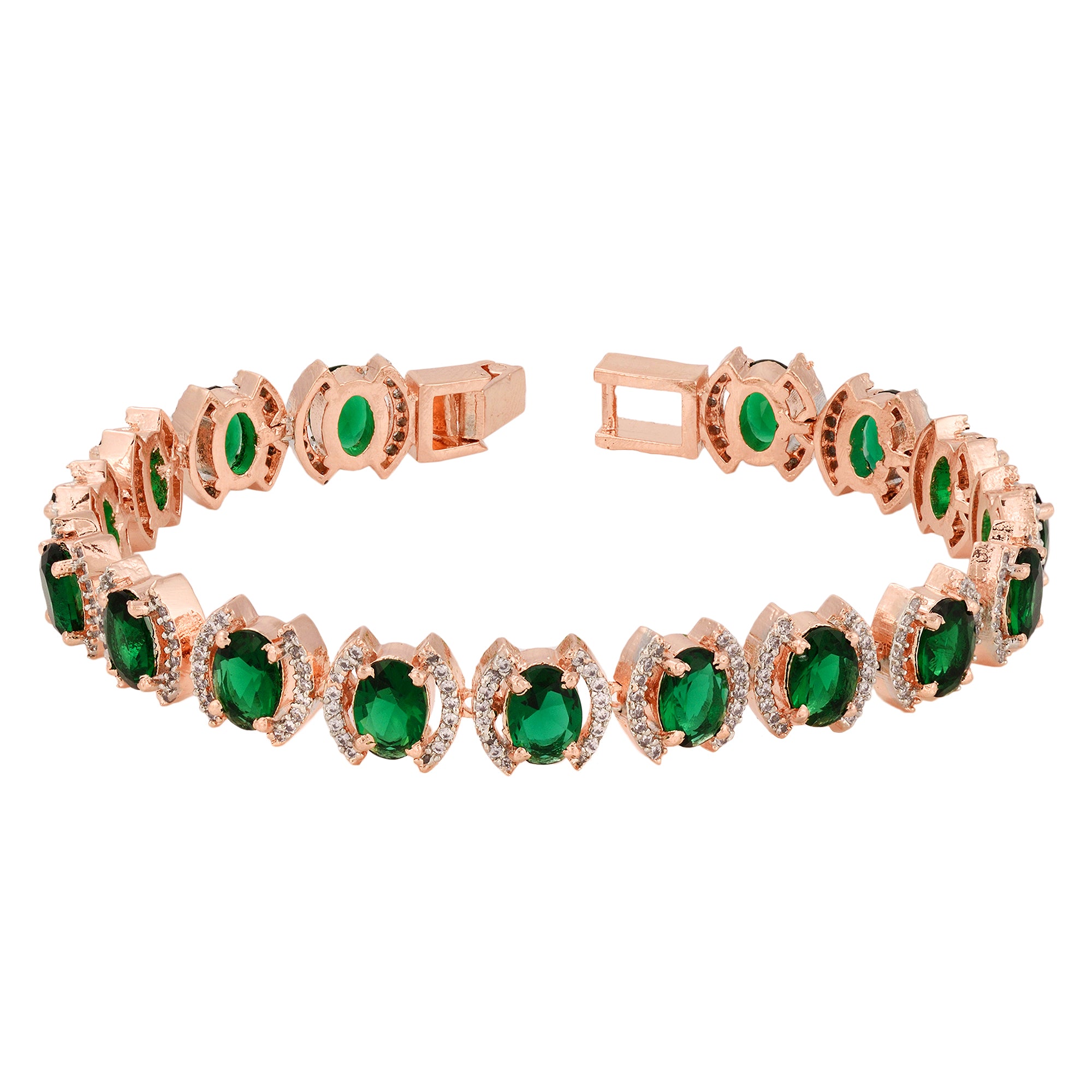 Rose Gold Plated Oval Green Ad Studded Designer Tennis Bracelet For Women And Girls - Saraf Rs Jewellery
