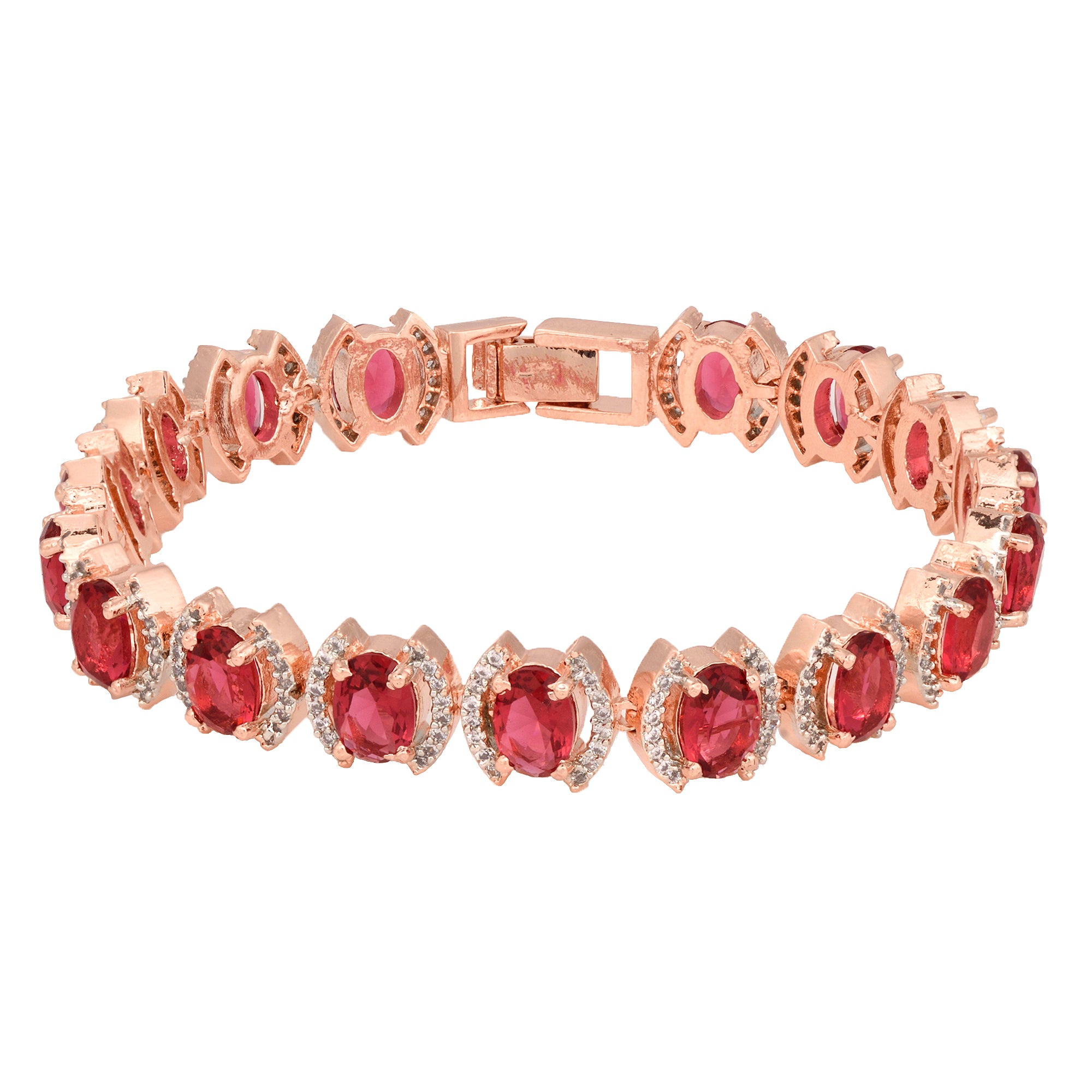 Rose Gold Plated Oval Pink Ruby Ad Studded Handcrafted Tennis Bracelet For Women And Girls - Saraf Rs Jewellery