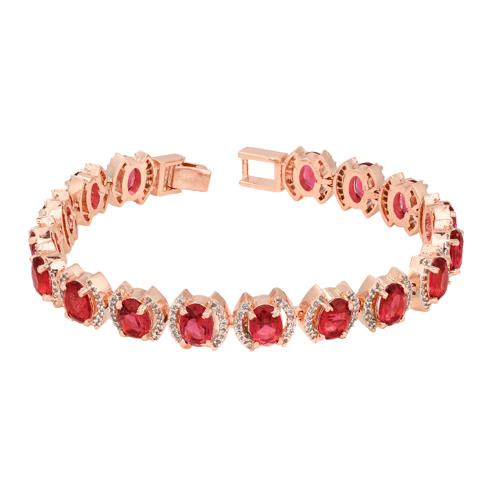 Rose Gold Plated Oval Pink Ruby Ad Studded Handcrafted Tennis Bracelet For Women And Girls - Saraf Rs Jewellery