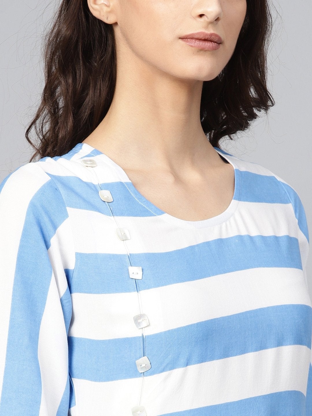 Women's Blue & White Striped A-Line Kurta - Meeranshi