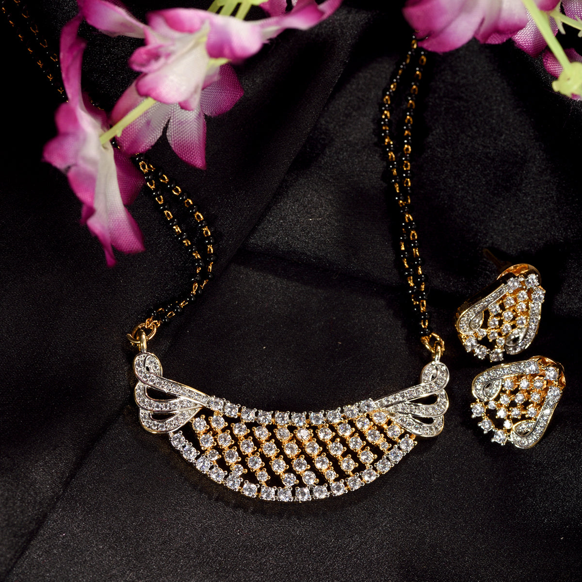 Women's Gold Plated Ad Studded & Black Beaded Handcrafted Mangalsutra With  Earrings - Saraf Rs Jewellery