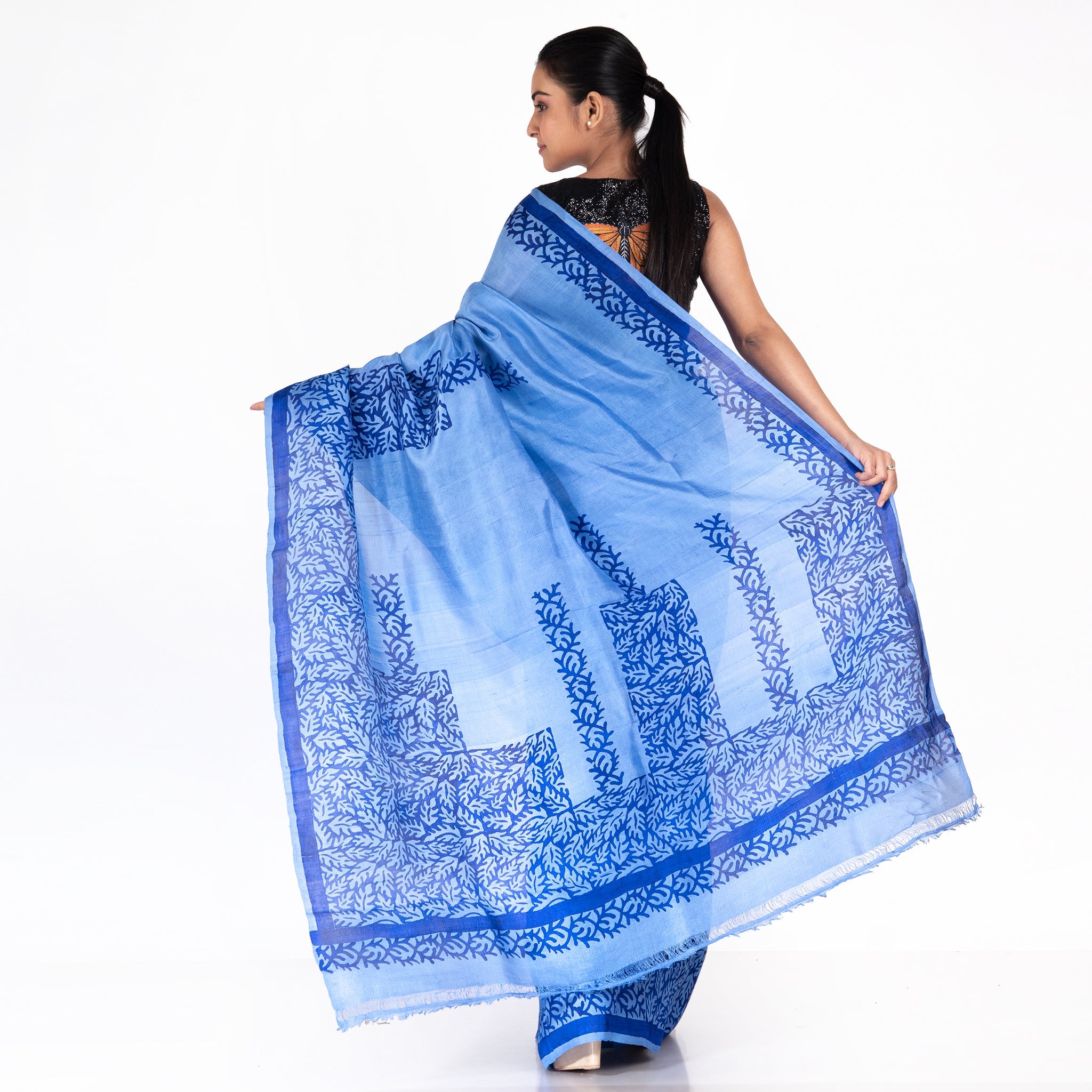 Women's Indigo Blockprinted Pure Silk Saree - Boveee