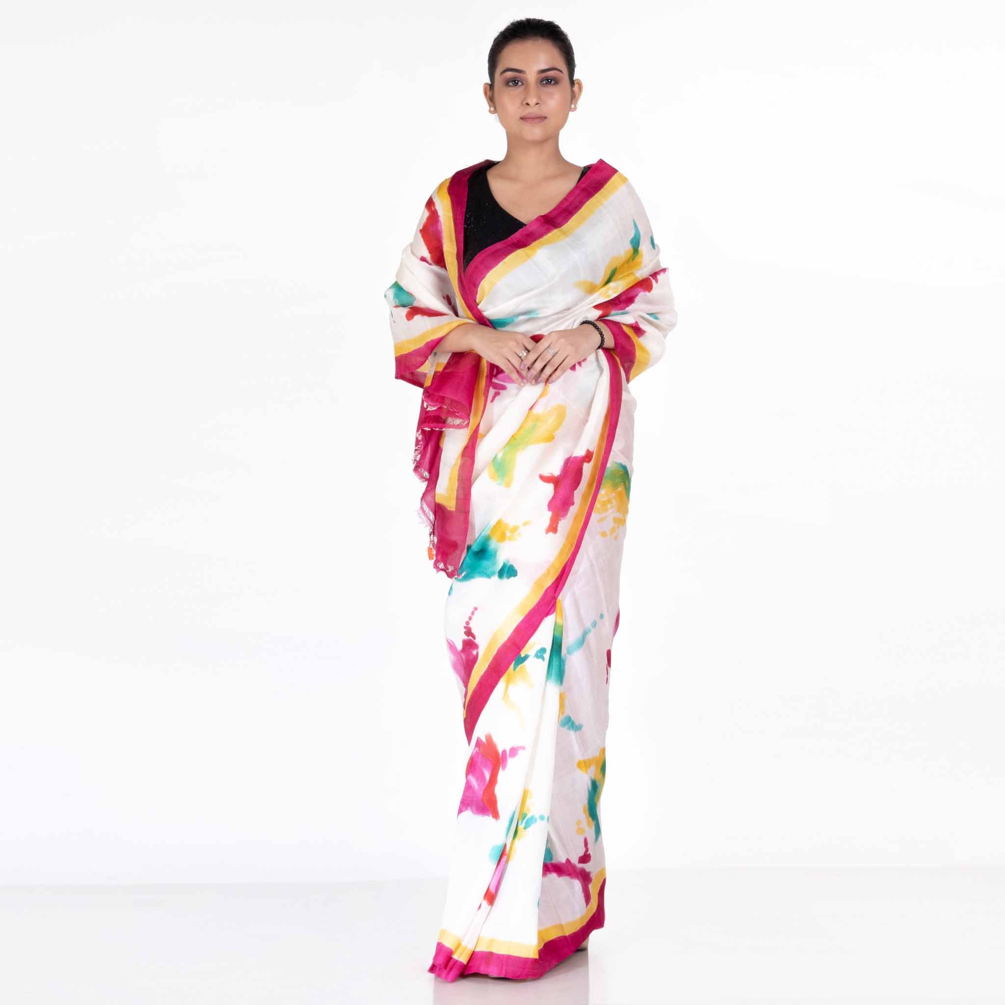 Women's Multicolor Hand Painted Pure Silk Saree - Boveee