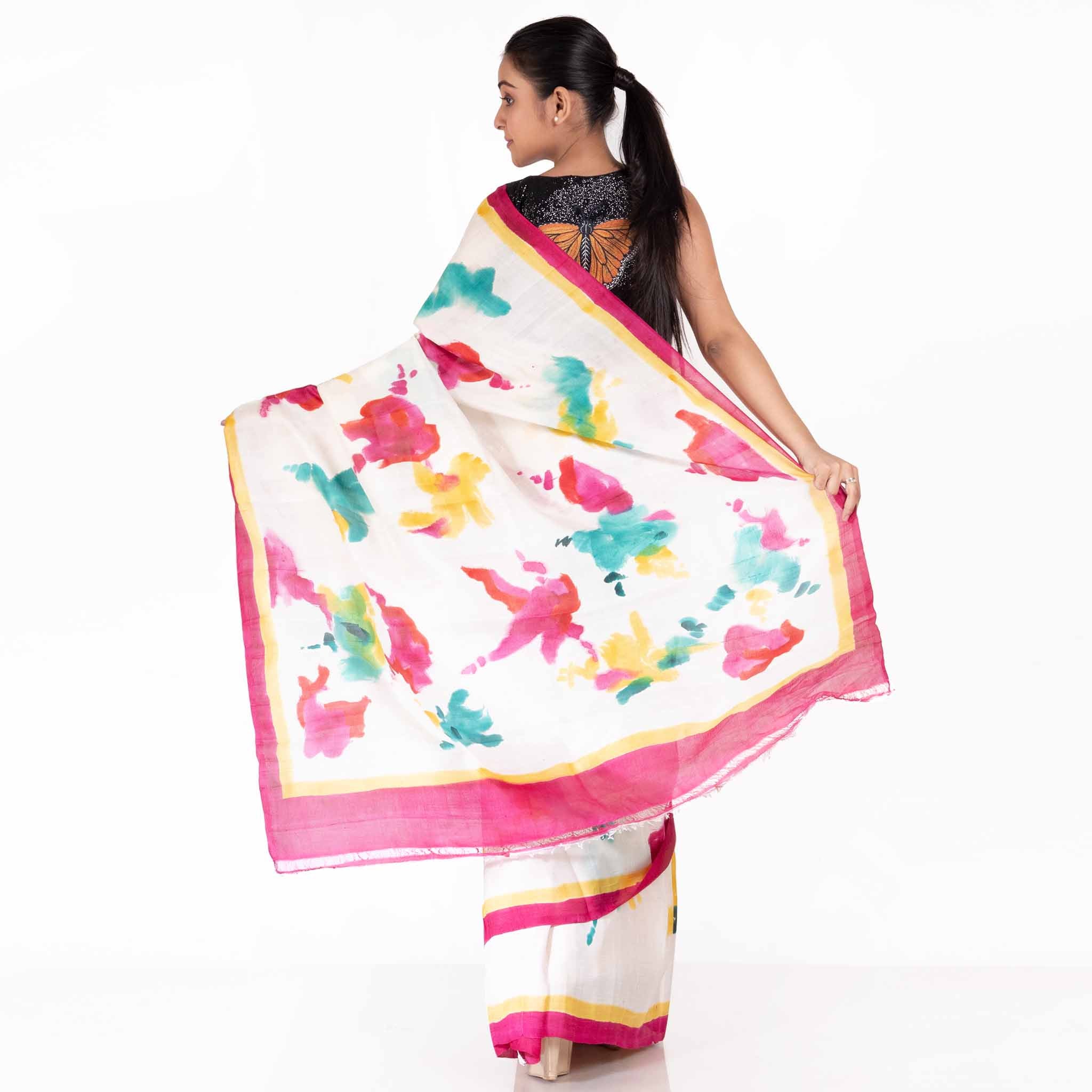 Women's Multicolor Hand Painted Pure Silk Saree - Boveee