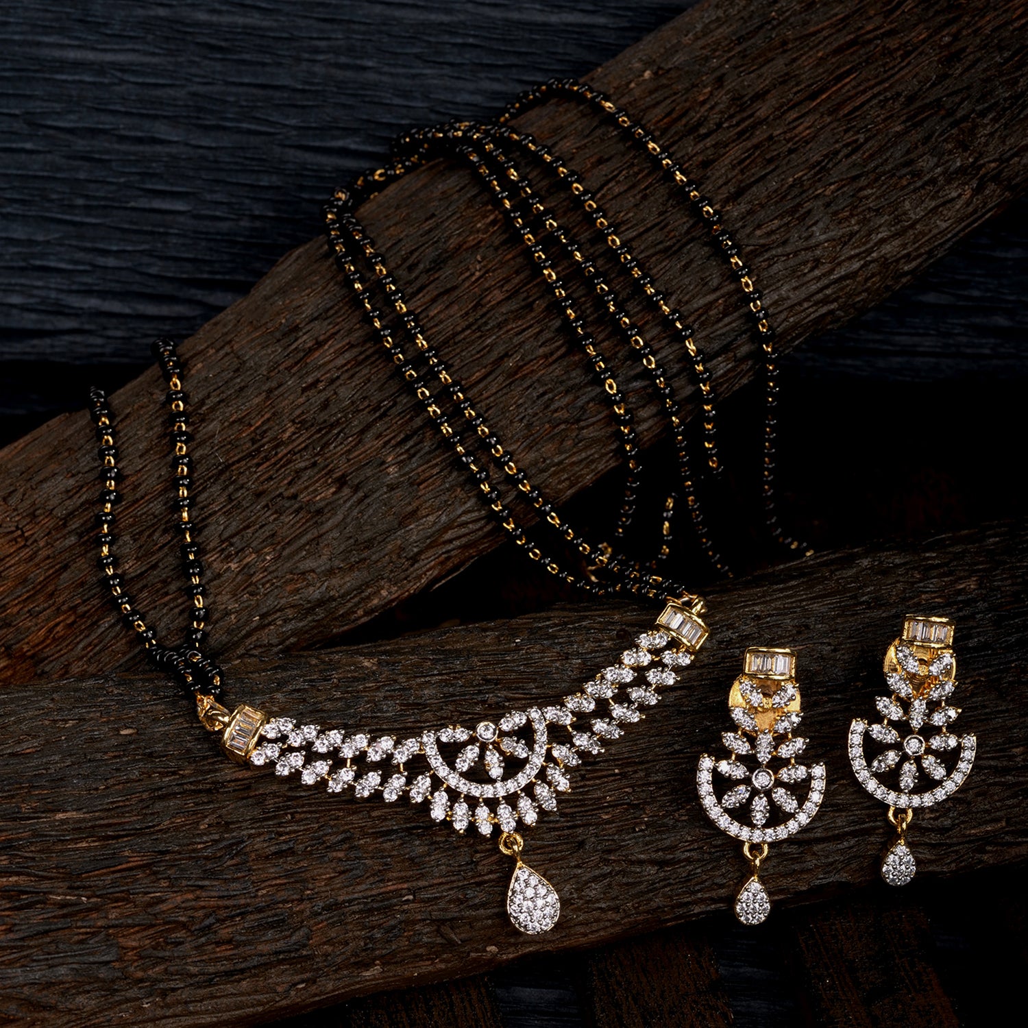 Women's Gold Plated Black & White Ad -Studded & Beaded Mangalsutra With Matching Earrings - Saraf Rs Jewellery