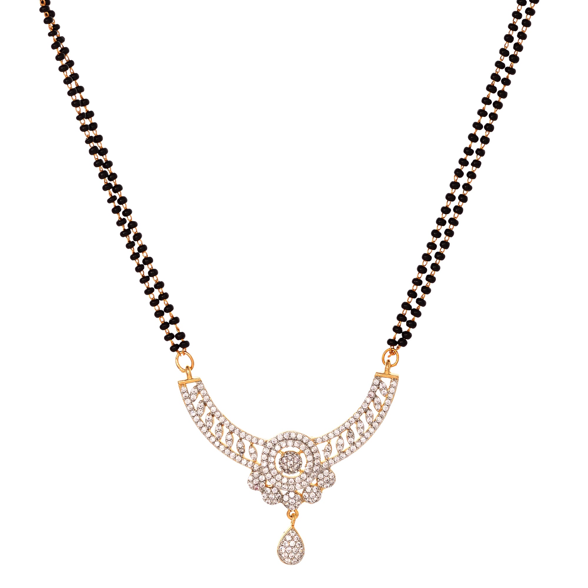 Women's Gold Plated Black & White Ad -Studded & Beaded Mangalsutra With Earrings - Saraf Rs Jewellery