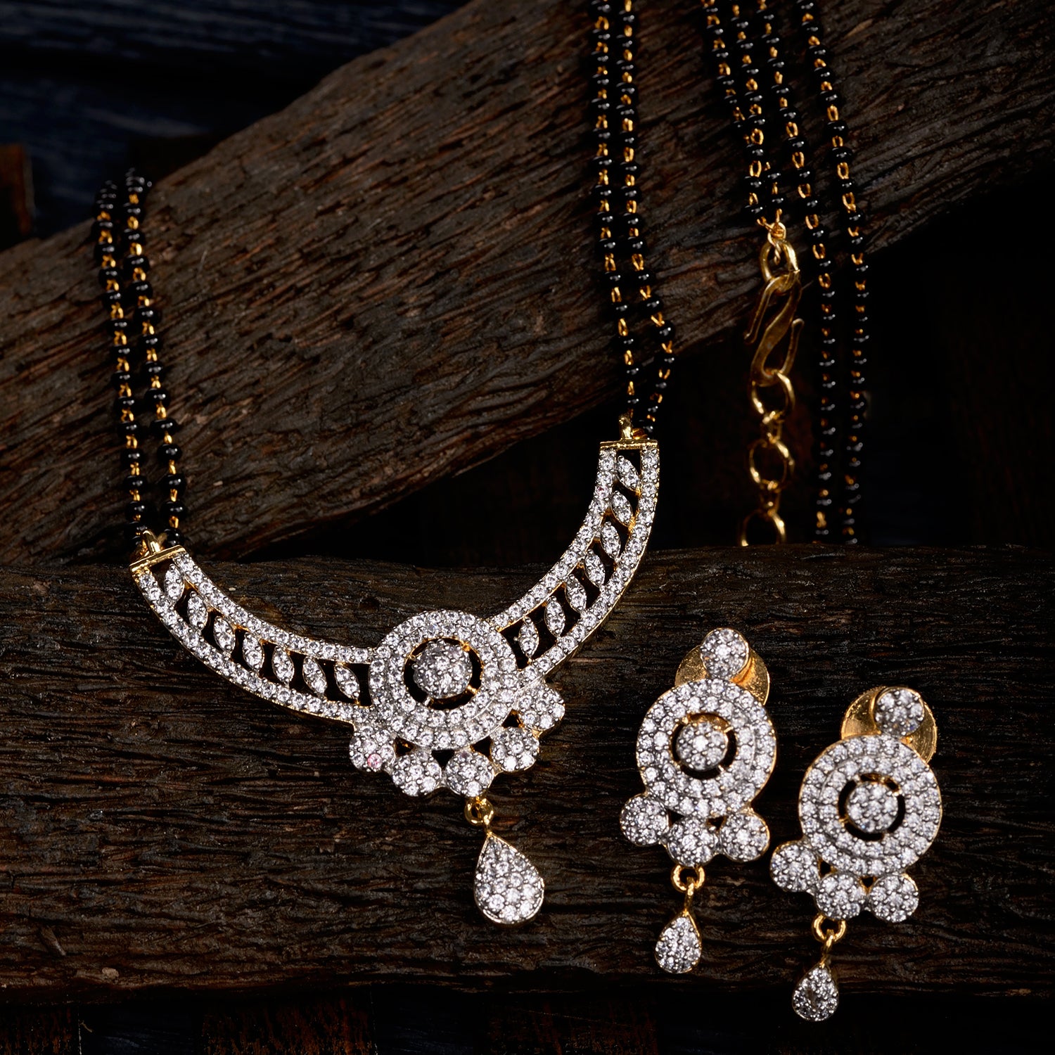 Women's Gold Plated Black & White Ad -Studded & Beaded Mangalsutra With Earrings - Saraf Rs Jewellery