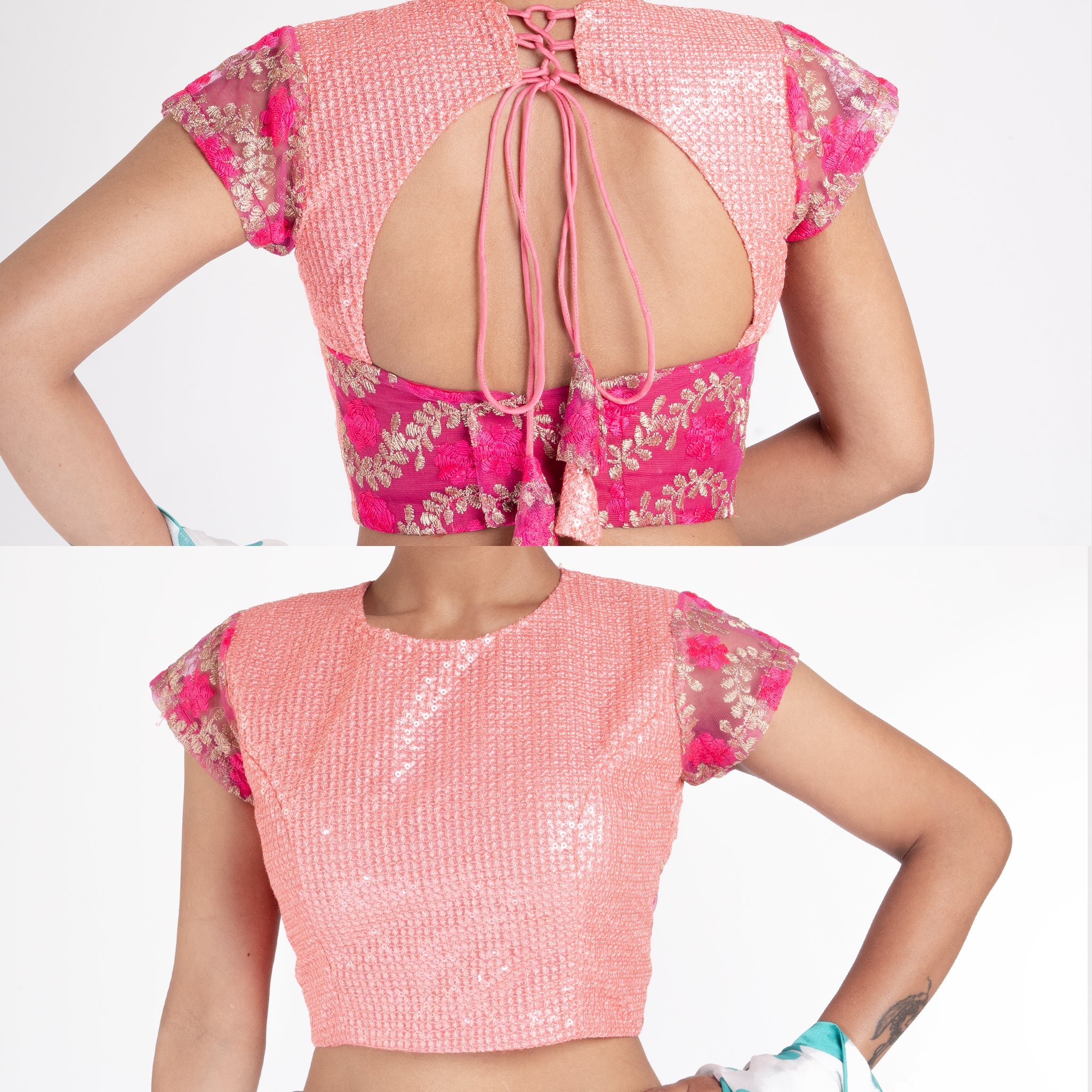 Women's Peach Sequin Net Padded Blouse With Pink Floral Net Detailing - Boveee