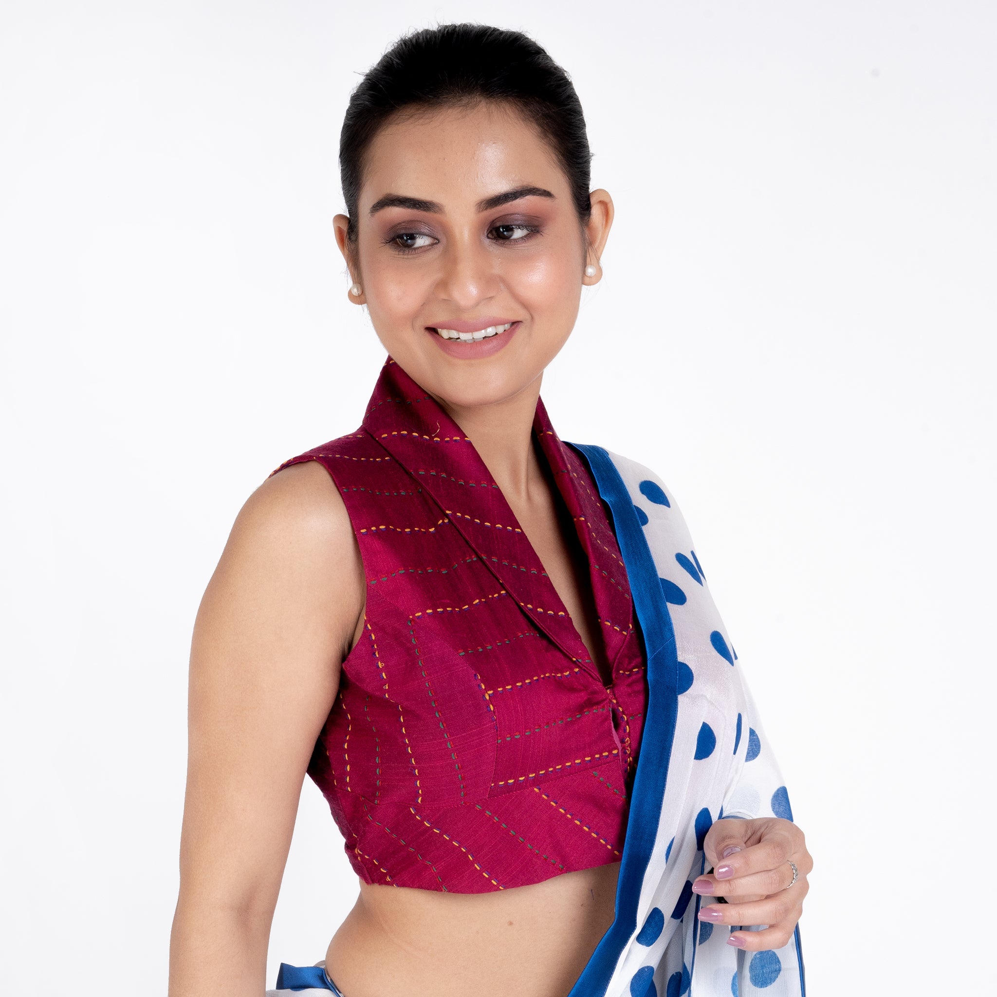 Women's Magenta Reversable Collar Rawsilk Padded Blouse With Kantha Lines - Boveee