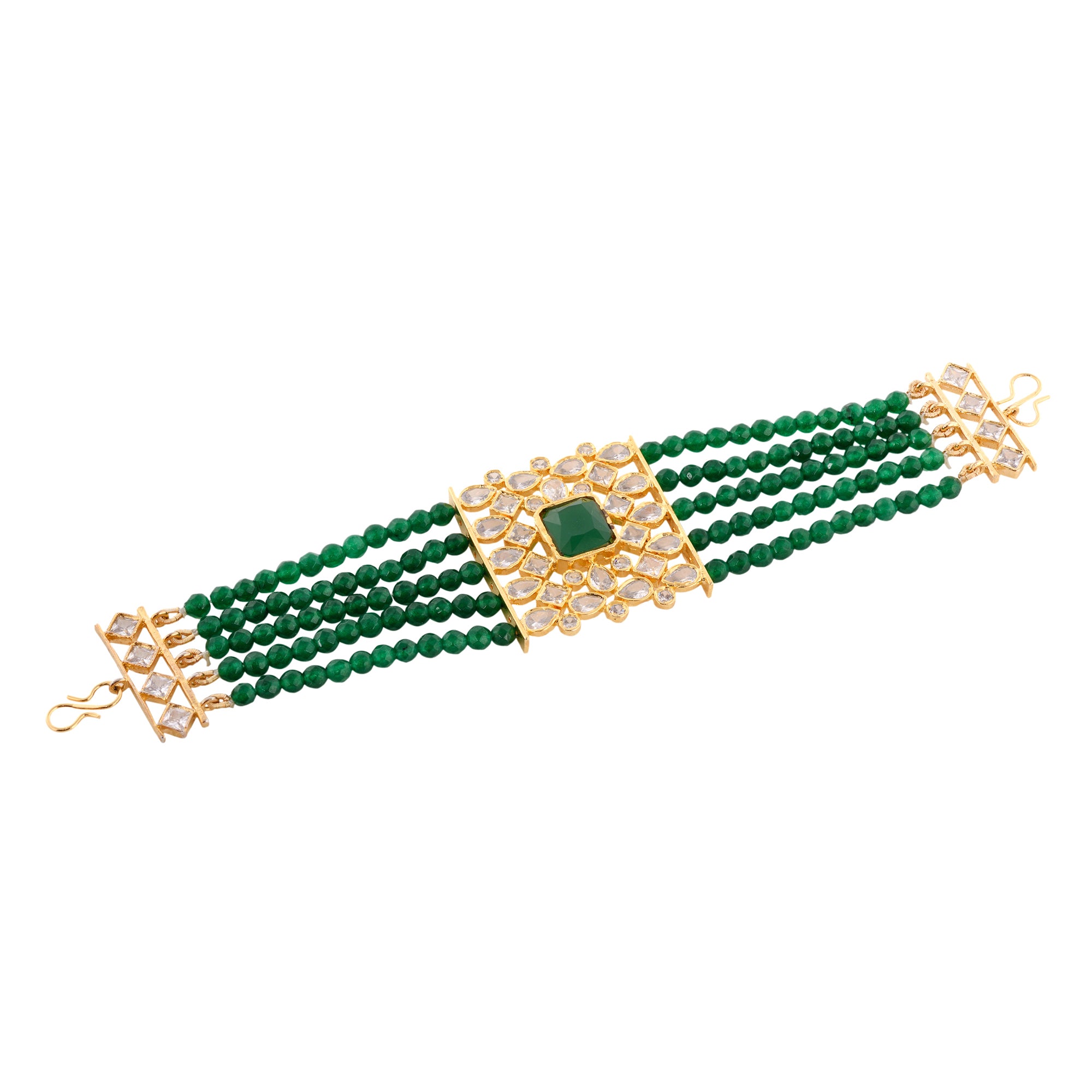 Gold Plated White Polki With Green Beads Wraparound Bracelet For Women And Girls - Saraf Rs Jewellery