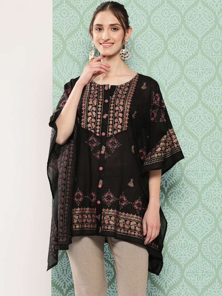 Women's Black Ethnic Motifs Kaftan Top
