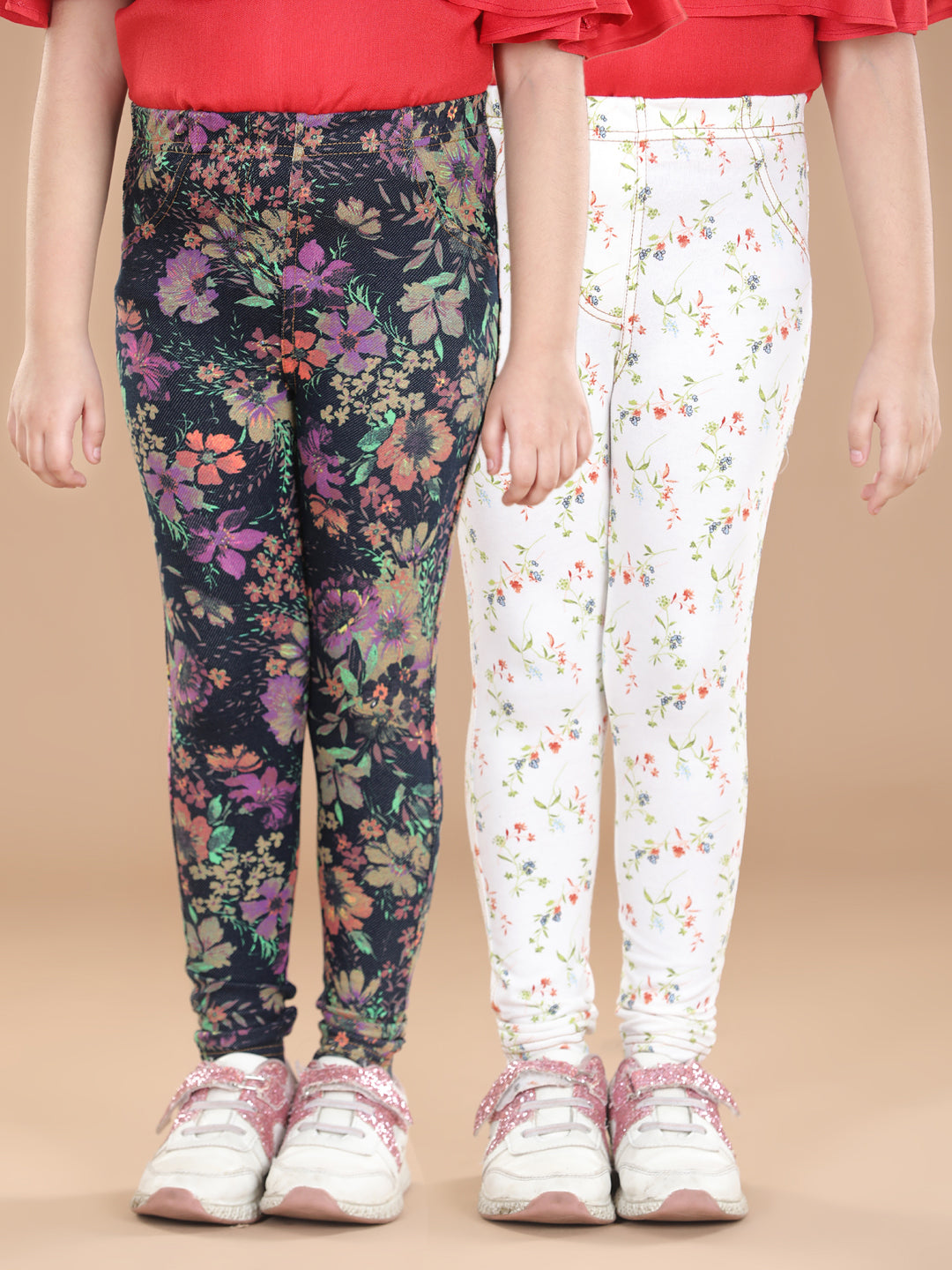 Girl's  Cotton Floral Printed Pack Of 2 Jeggings - StyleStone Kid