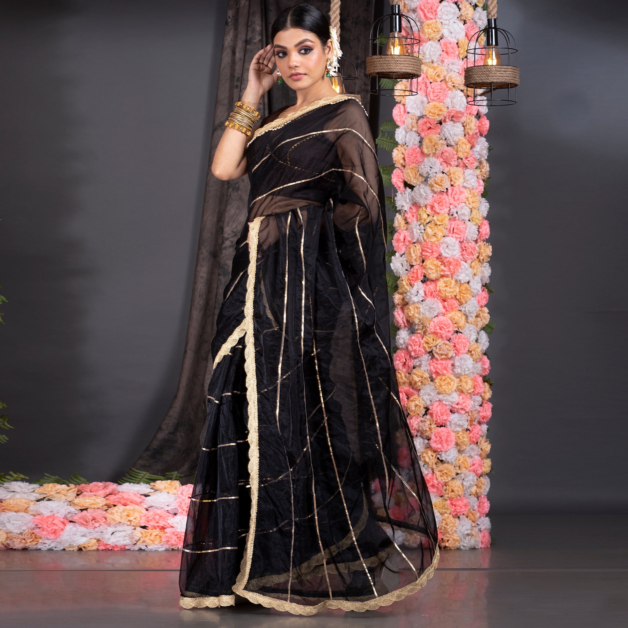 Women's Black Organza Saree With Gota Work And Scallop Border - Boveee