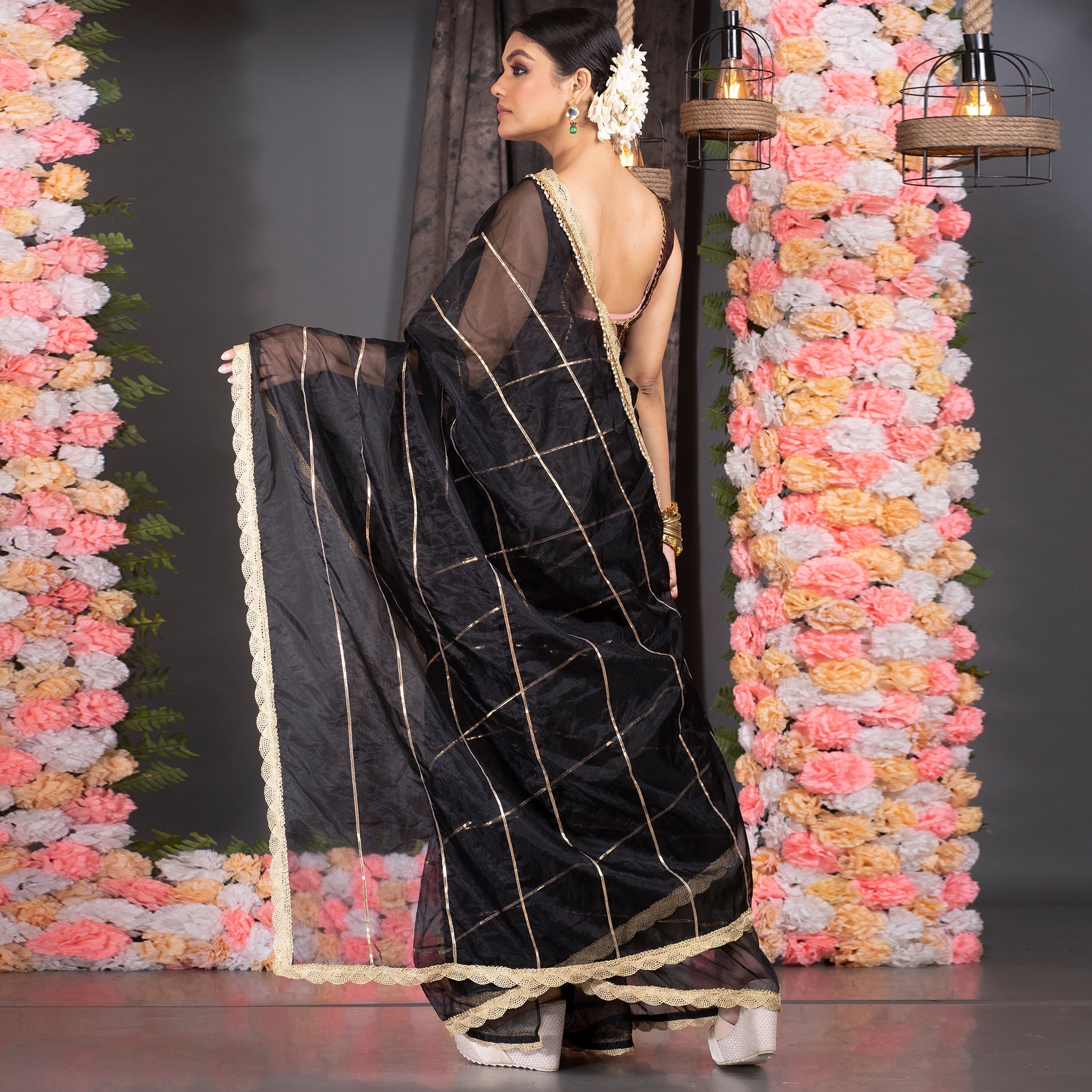Women's Black Organza Saree With Gota Work And Scallop Border - Boveee