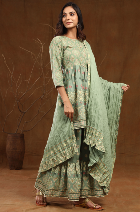 Women's Cambric Printed Flared Tunic Sharara Dupatta Set - Juniper