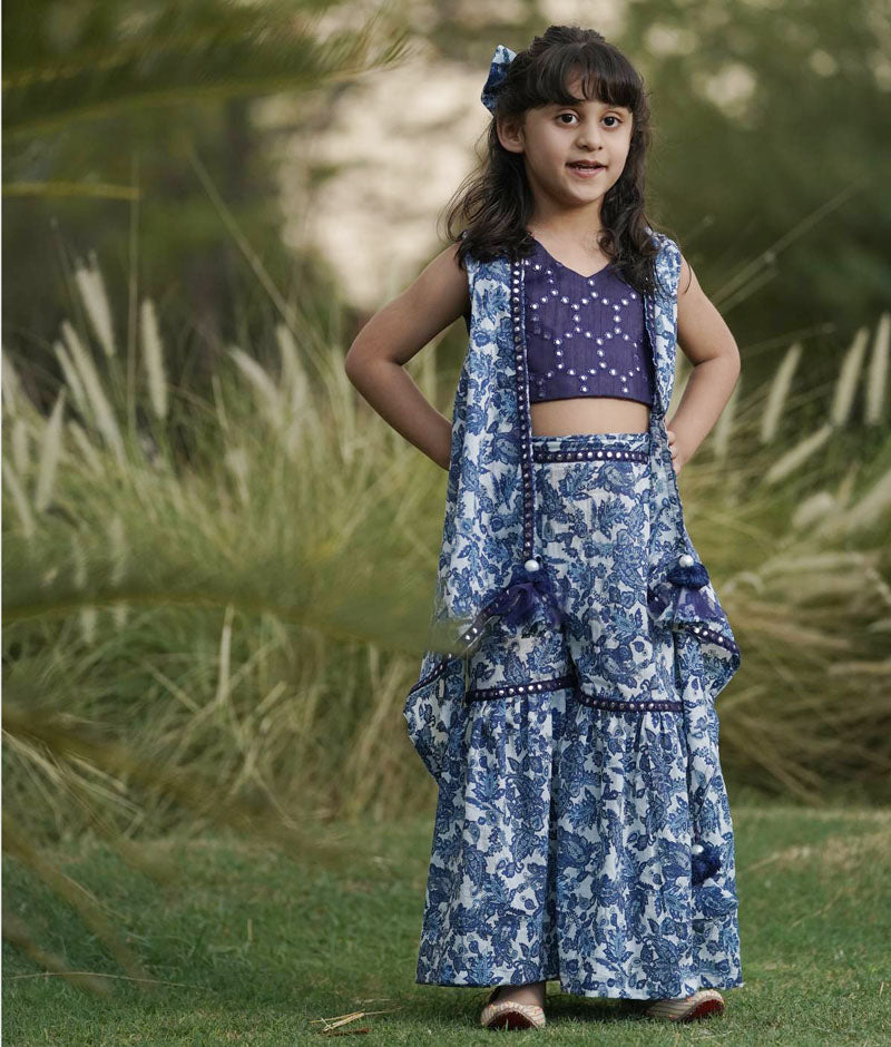 Girl's Blue Mirror Embroidery Top And Printed Sharara - Fayon Kids